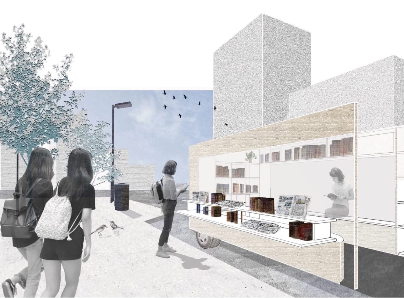 Image of a 3D rendered exterior space. An open community area surrounded by buildings is visible. Within the open space, a mobile library is installed, with mobile shelving and bookcases are placed throughout the area.