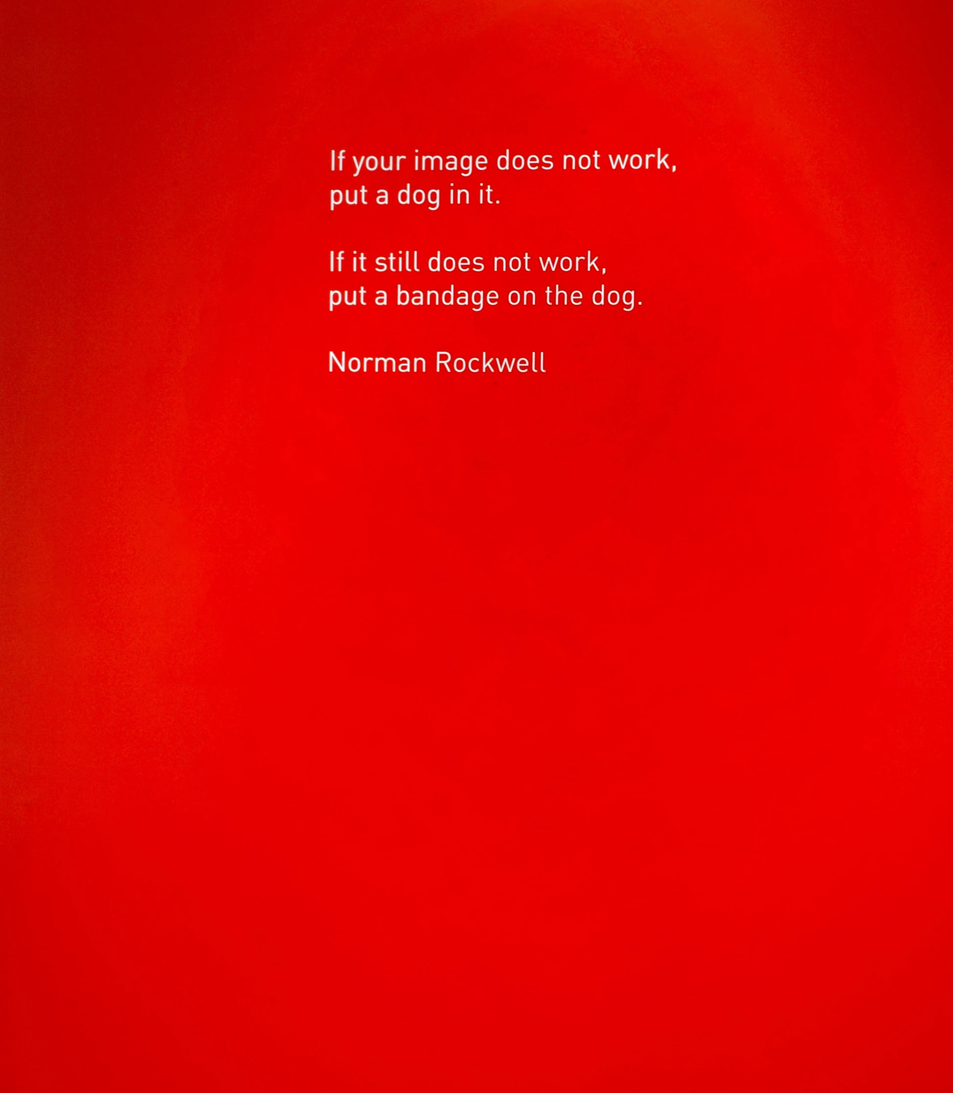 Two sentences and a name written in white text on top of a red background.