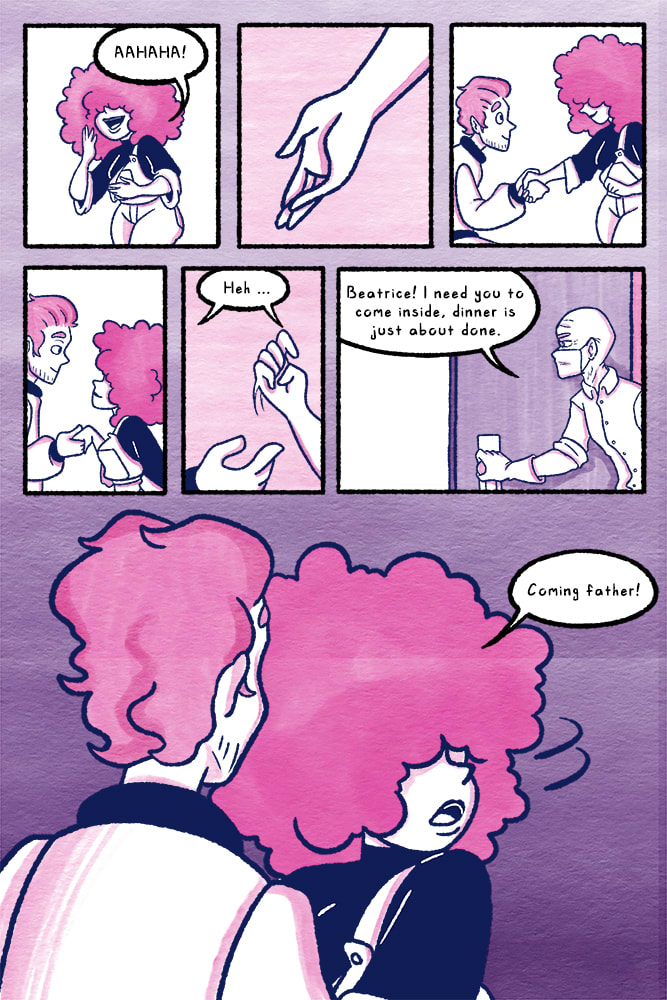 6 panels on top depict a woman laughing, a hand extended, a man kneeling holding a woman’s hand, a man standing while holding a woman’s hand, one hand retracting from grip, a bald man wearing a surgical mask opening a door. The frameless bottom image is the back of a man’s head and a woman turning her head