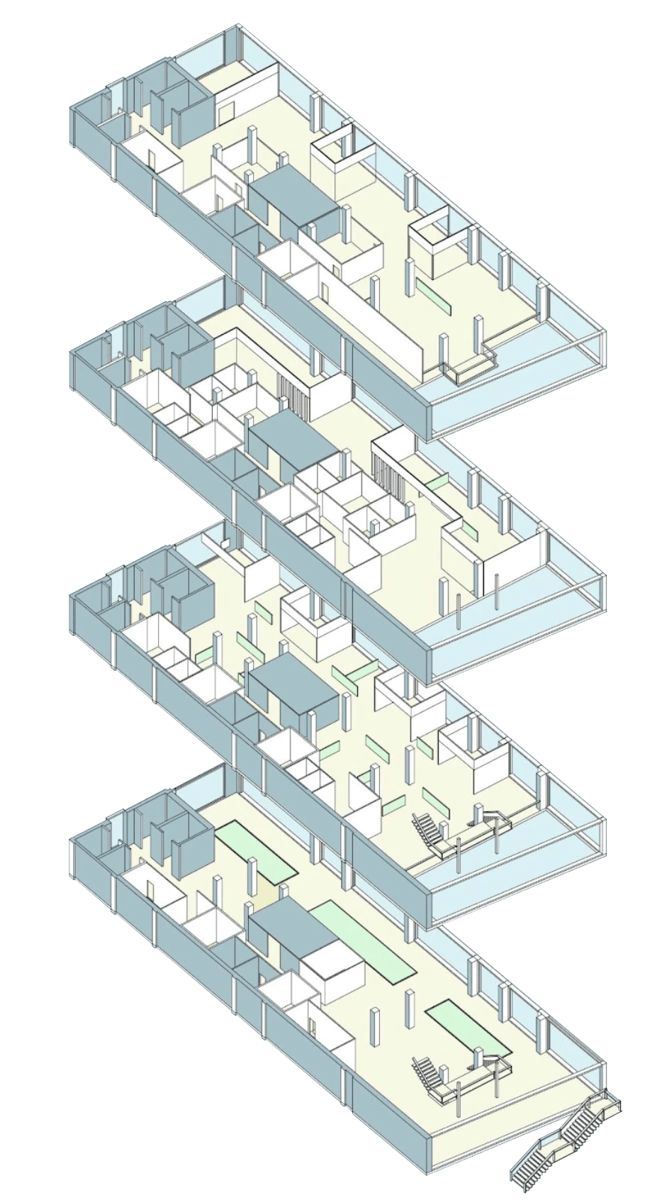 Computer-generated multi-level floor plan. The floorplan is primarily black and white, with specific areas highlighted in light blue.