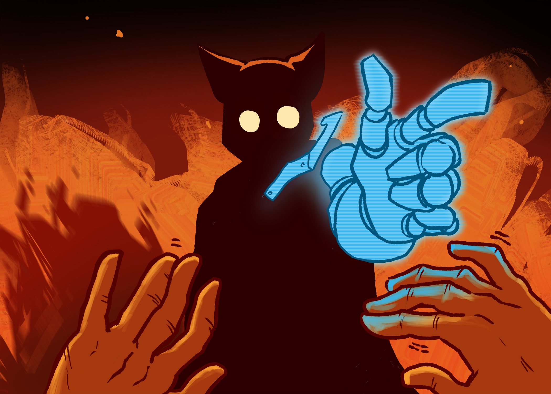 Image of figure with blue hand pointing from Porad Gasan Zade's graphic novel Hatland Oddities.