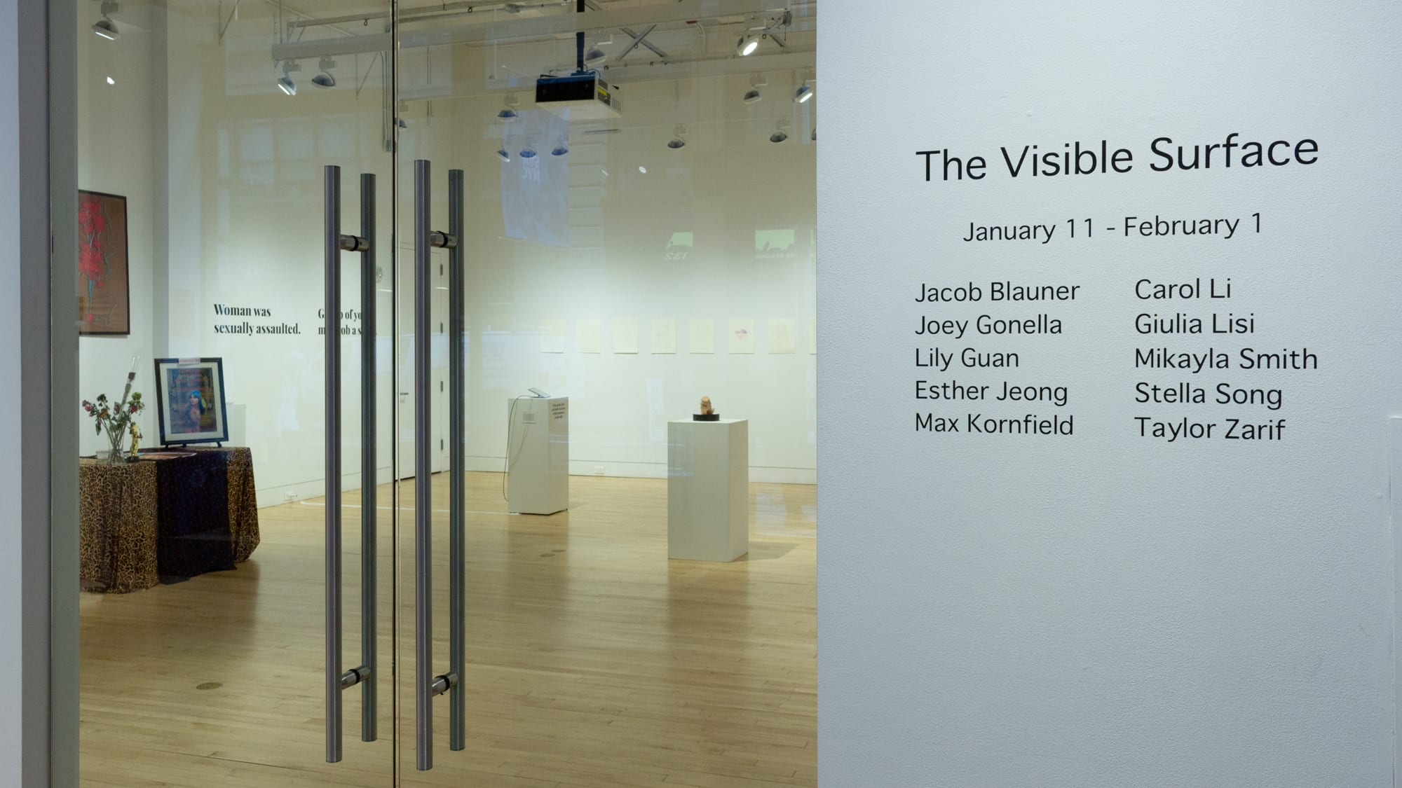 Image from outside gallery space, with exhibition visible through double glass doors, with the exhibition title, dates, and artist names in black vinyl on white wall to far right.