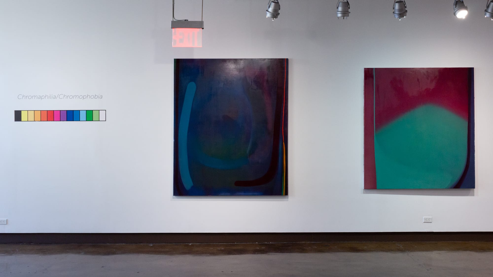 On the left is the exhibition title on gallery wall, with a printed vinyl "bar" of fourteen segmented colors of the rainbow in a horizontal line below it. To the right are two large (approximately 6 feet x 4 feet) abstract paintings using lines and fields of color to create minimalist compositions.