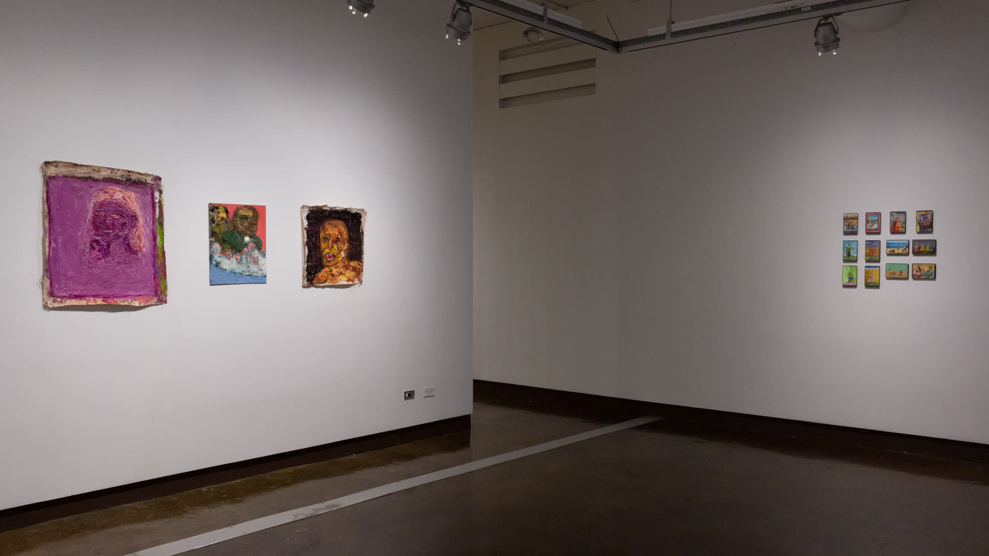 On the left are three paintings of individuals in bright colors and short, quick brushstrokes. On the right is a grid of twelve small postcard-sized paintings, each in a thin black frame.