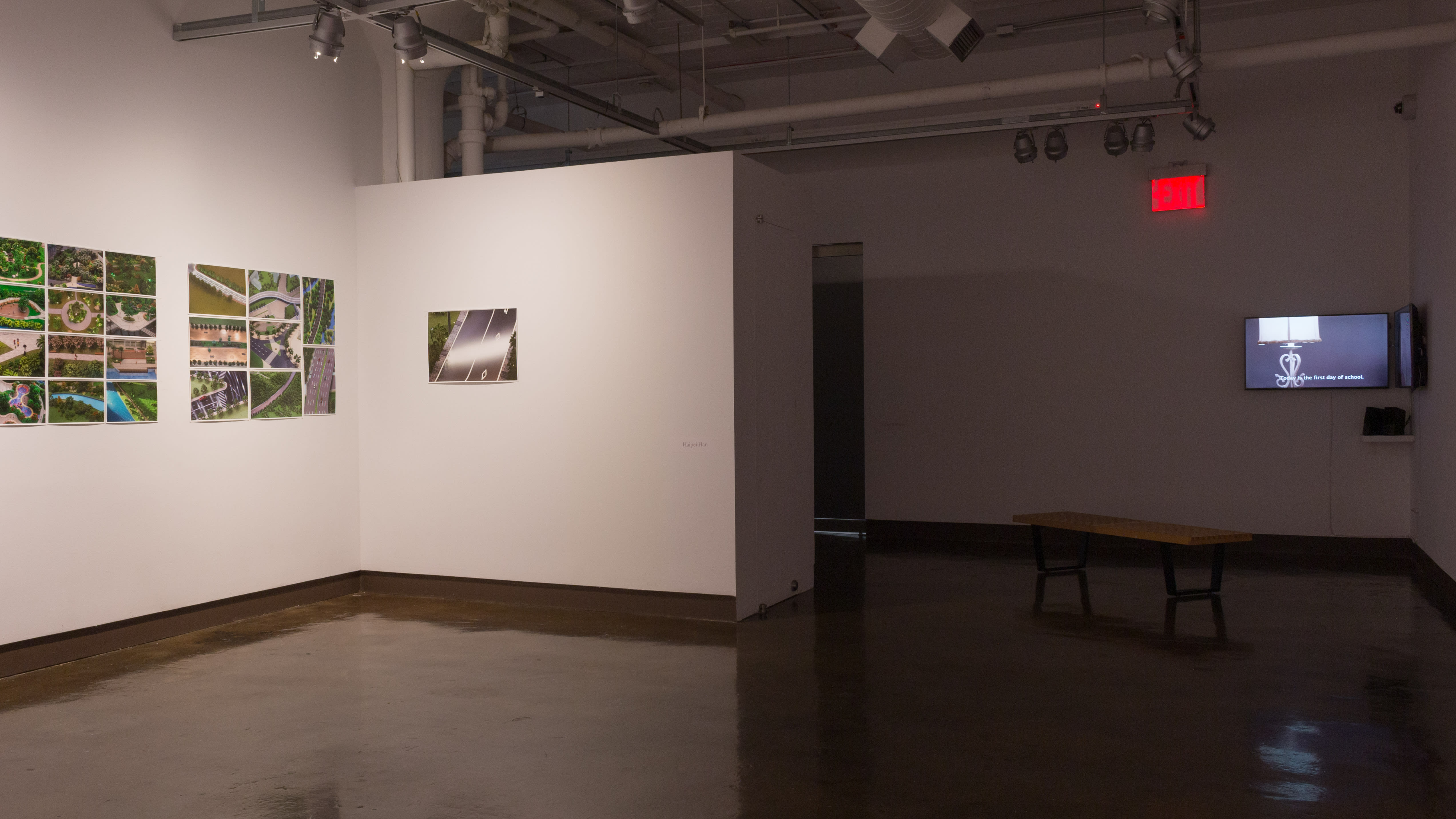 To the left are multiple grids of landscape photographs in an alcove, to the right are two monitors playing a video in a corner.