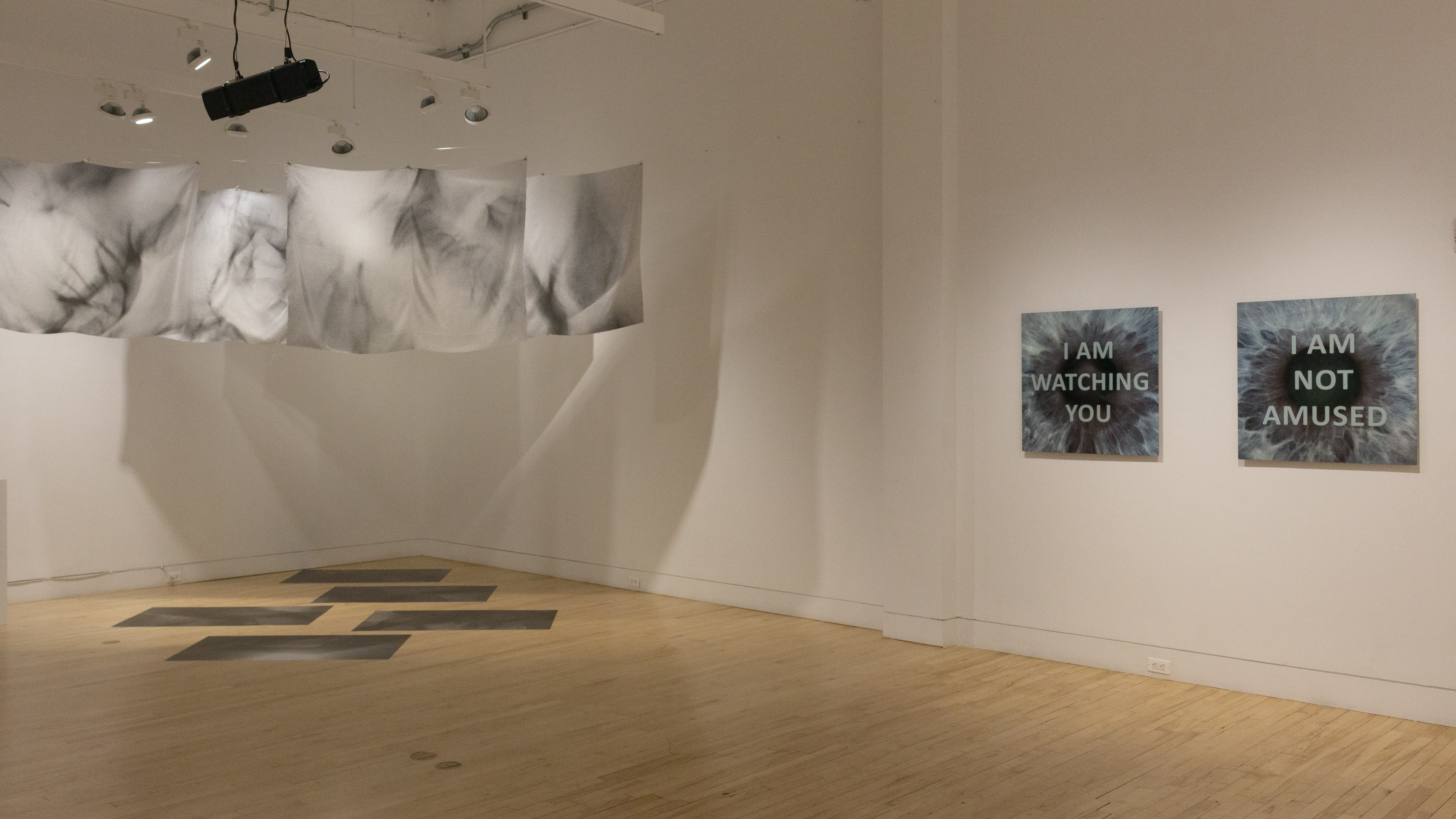 Multiple views of SVA Flatiron Gallery and Windows with installation, photographs, and textile throughout the gallery.