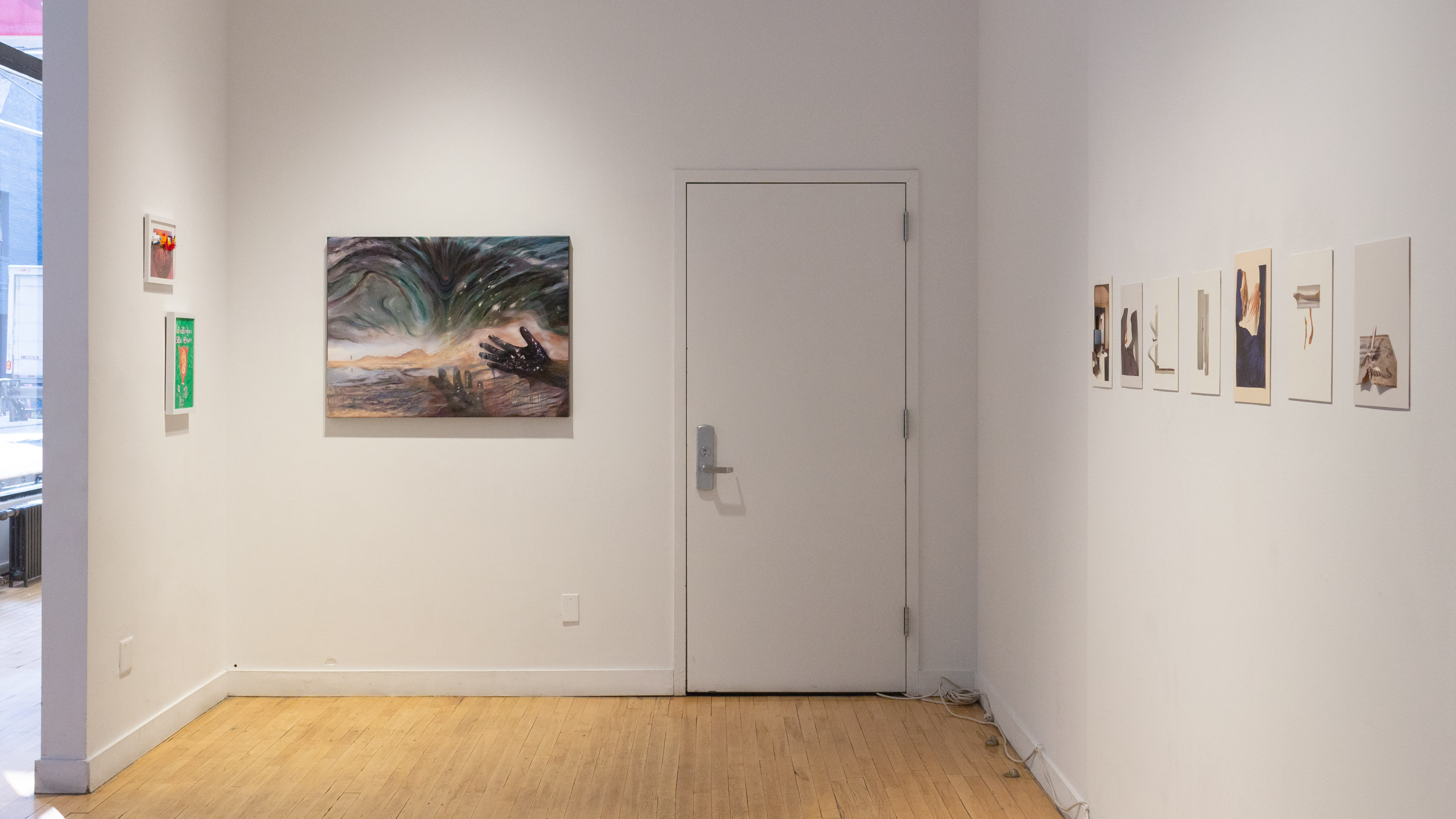 Multiple views of SVA Flatiron Gallery and Windows with installation, photographs, and textile throughout the gallery.