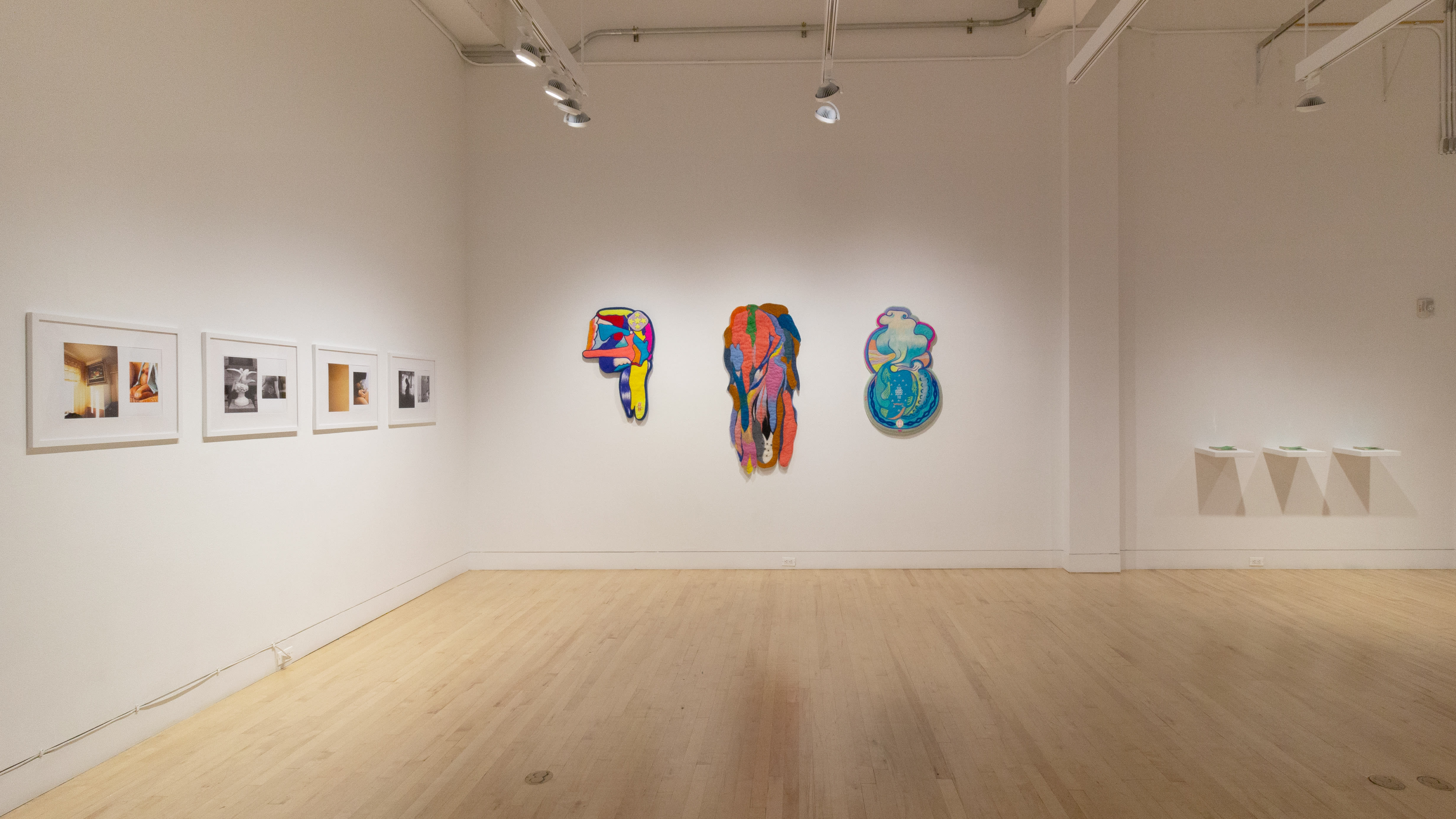 Multiple views of SVA Flatiron Gallery and Windows with sculpture, photography, and fiber art throughout the galleries.