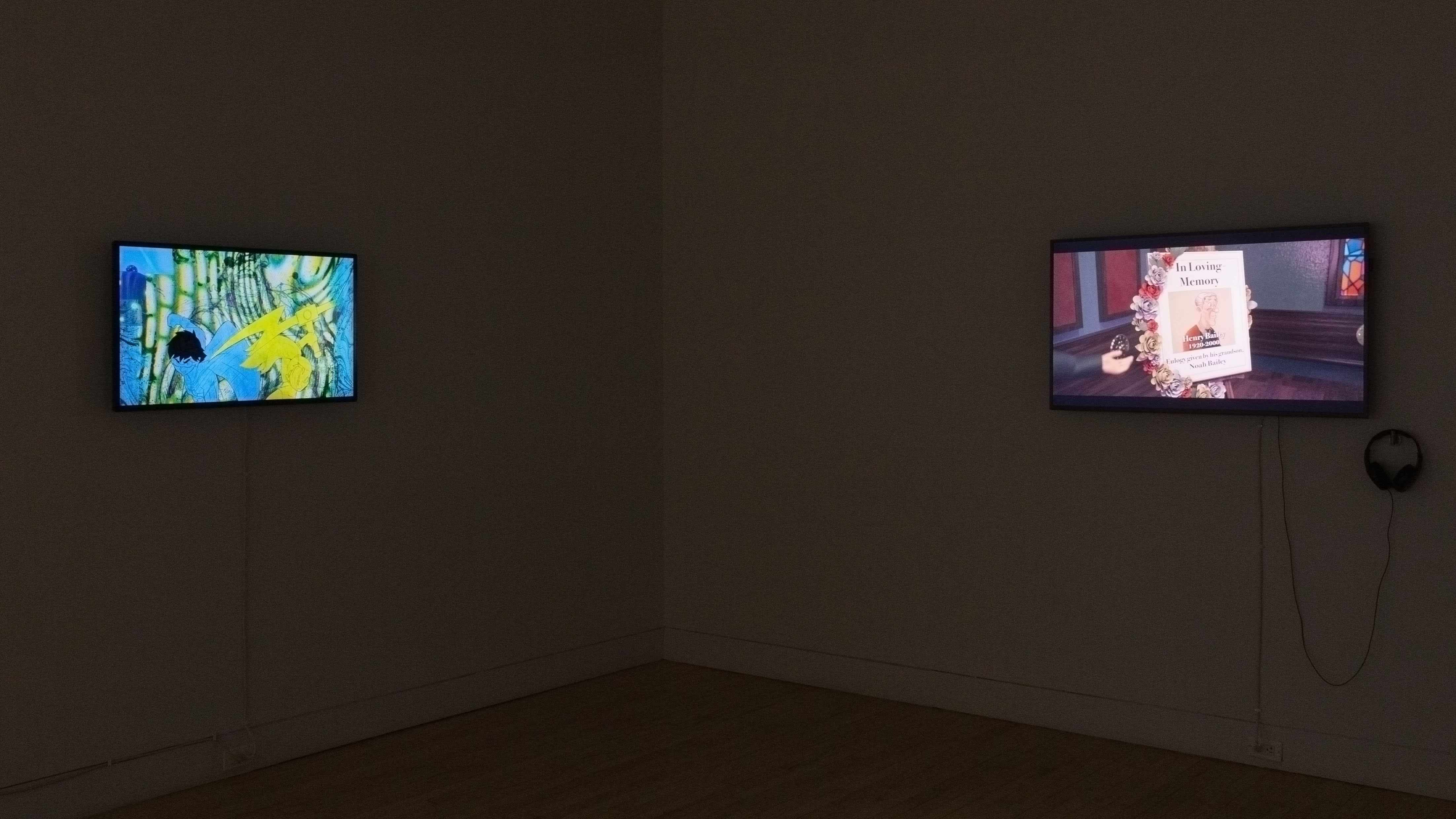 Multiple views of SVA Flatiron Gallery. There are three monitors playing various videos on the wall and an interactive projection.