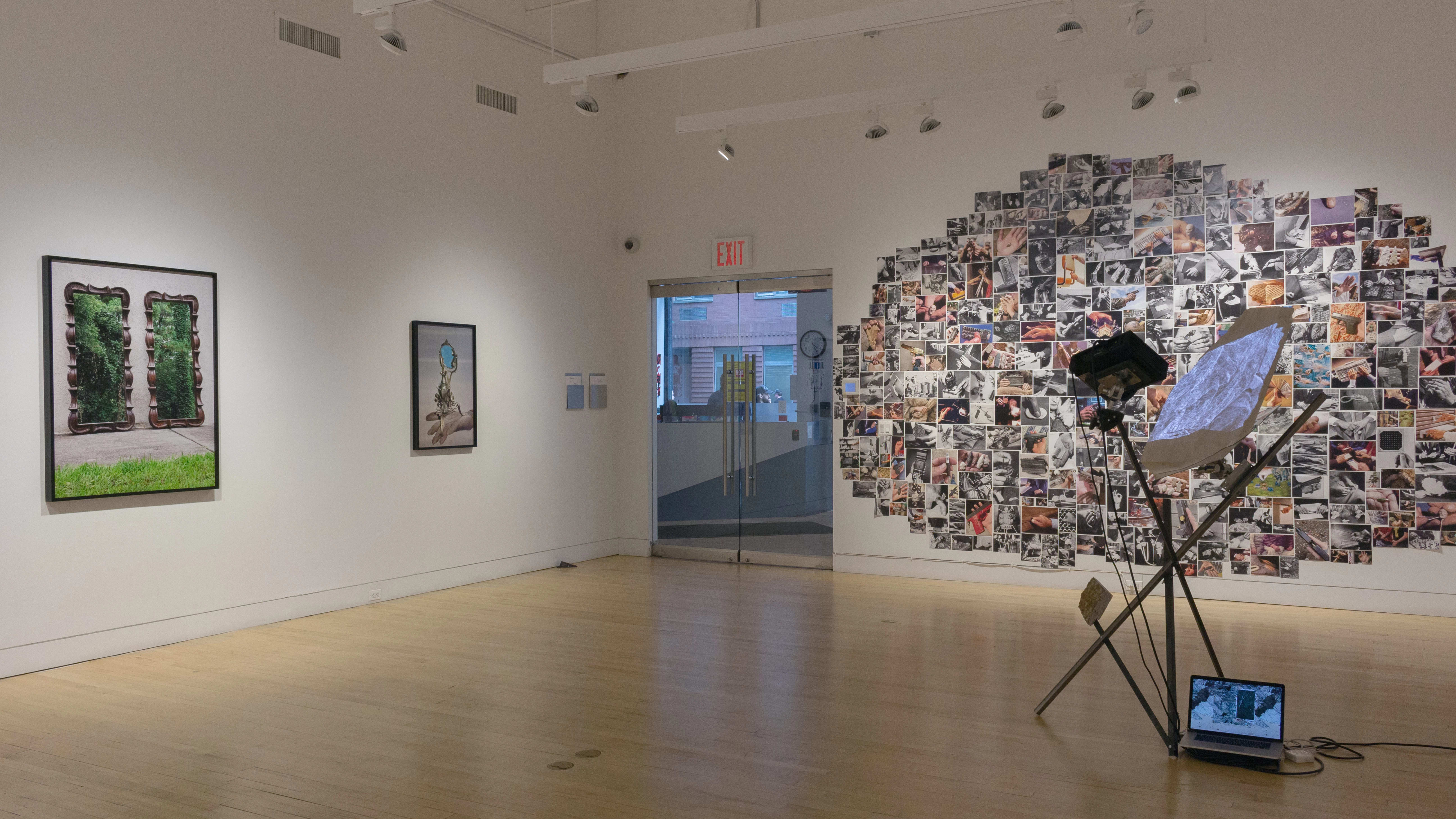 Multiple views of SVA Flatiron Gallery and Windows. There are photographs, collages, and installation work throughout the gallery and displayed in the windows. 