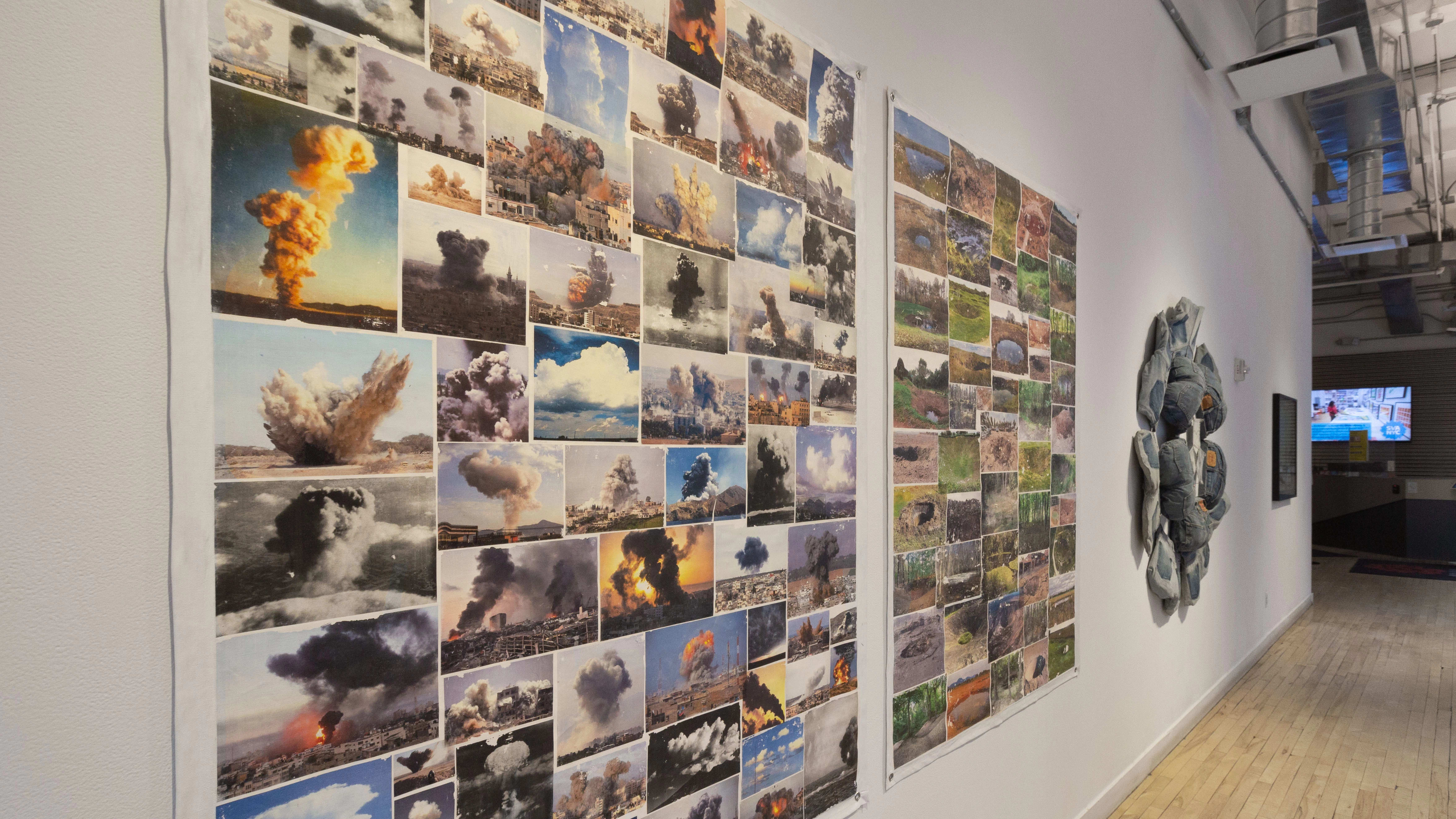Multiple views of SVA Flatiron Gallery and Windows. There are photographs, collages, and installation work throughout the gallery and displayed in the windows. 
