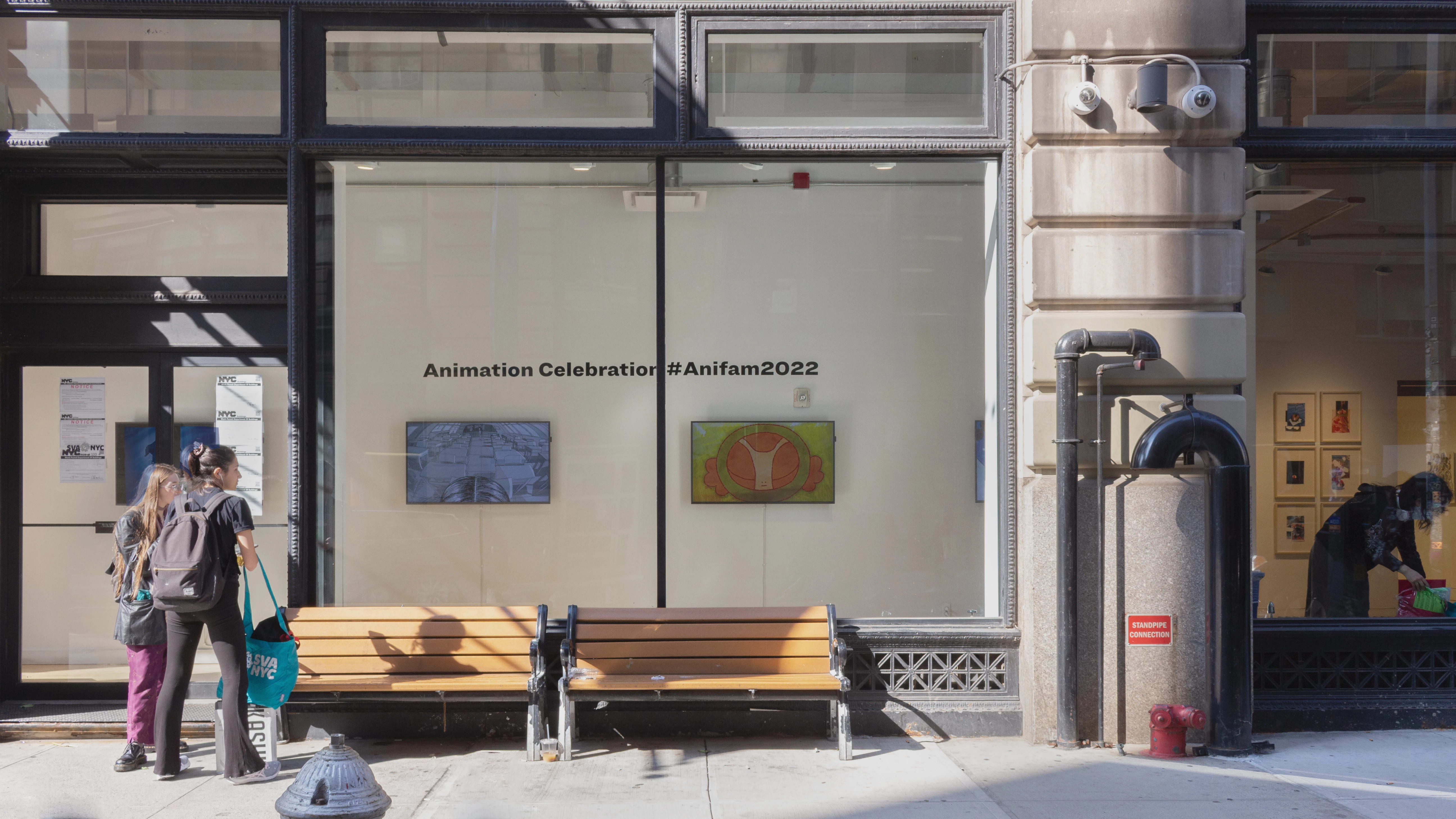 Multiple views of SVA Flatiron Windows and Flatiron Project Space. There are monitors hung in the Windows with films playing and film posters hung in the Flatiron Project Space.