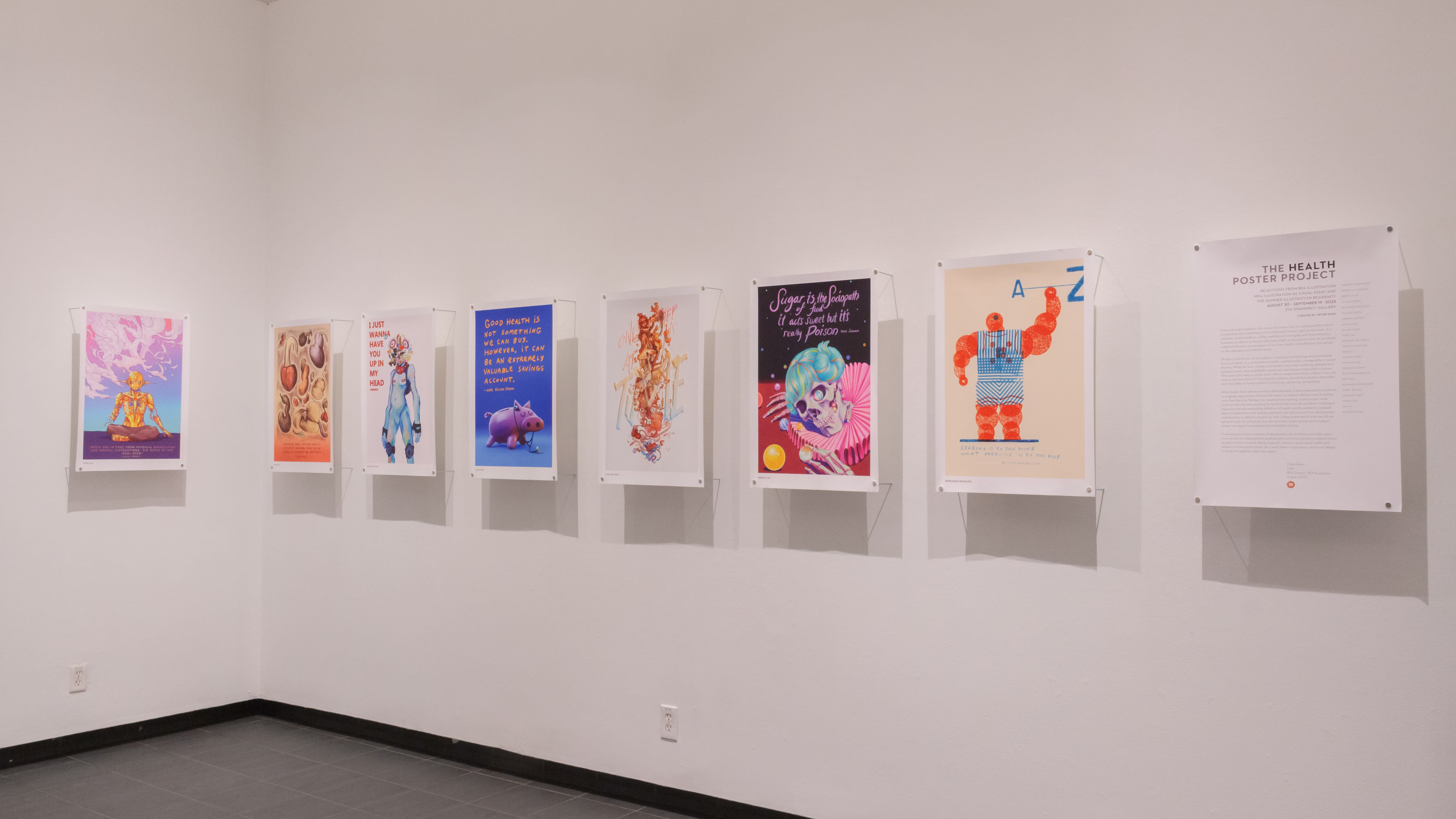 Multiple views of SVA Gramercy Gallery. Posters with illustrations are hung on the walls.