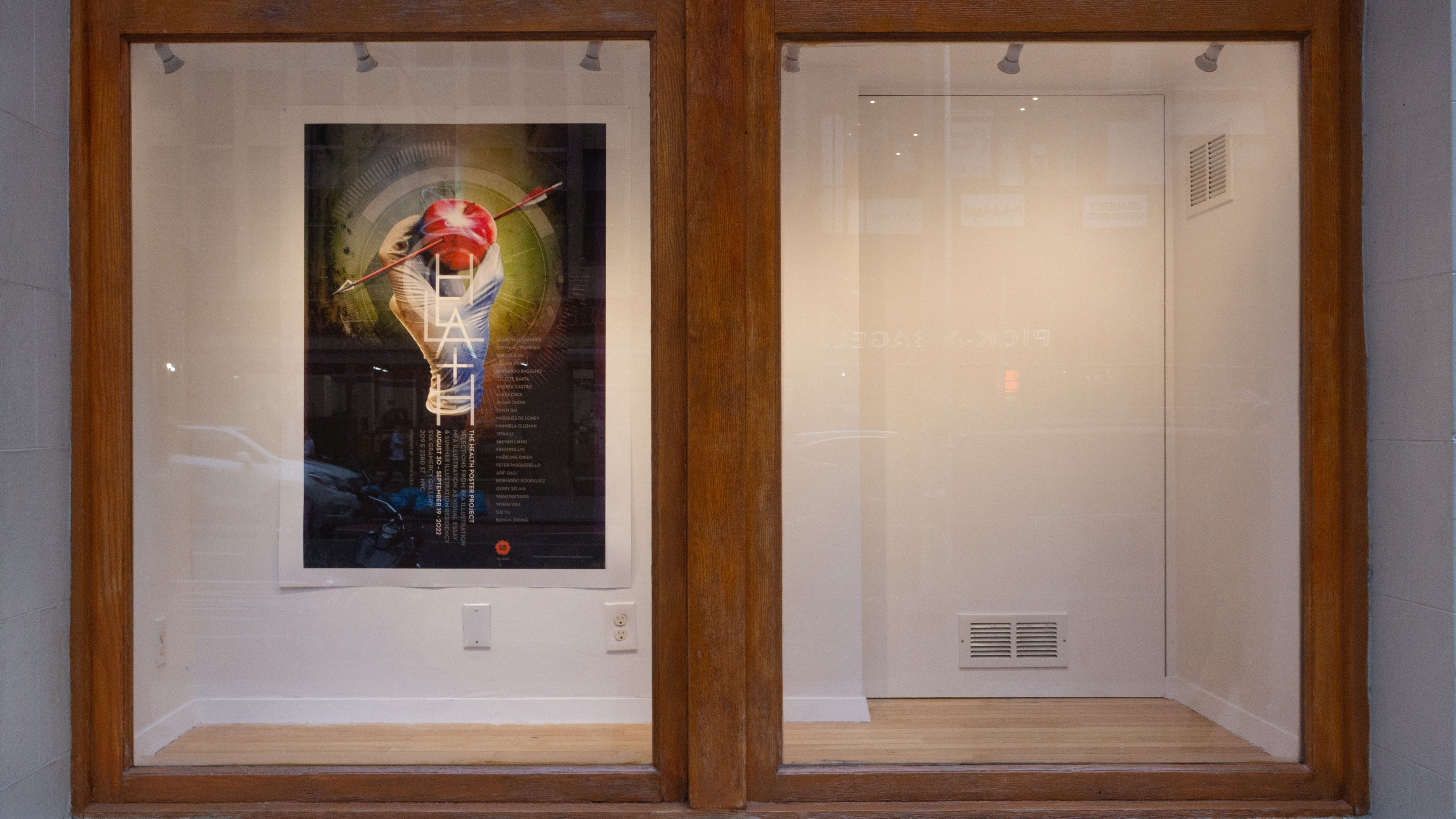 Multiple views of SVA Gramercy Gallery. Posters with illustrations are hung on the walls.