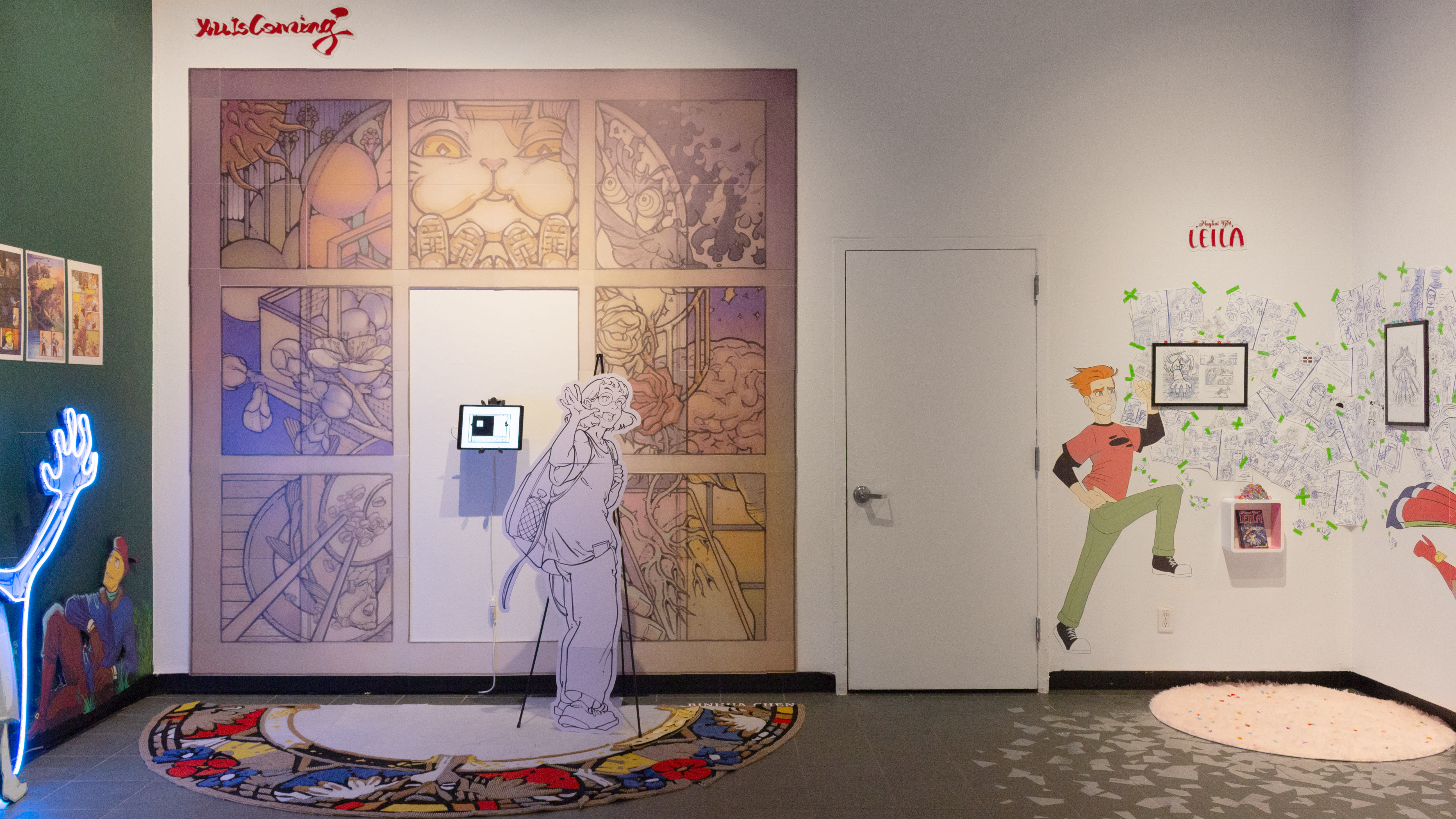 Multiple views of SVA Gramercy Gallery with individual exhibitions of students work. There is drawing and installation throughout the gallery.