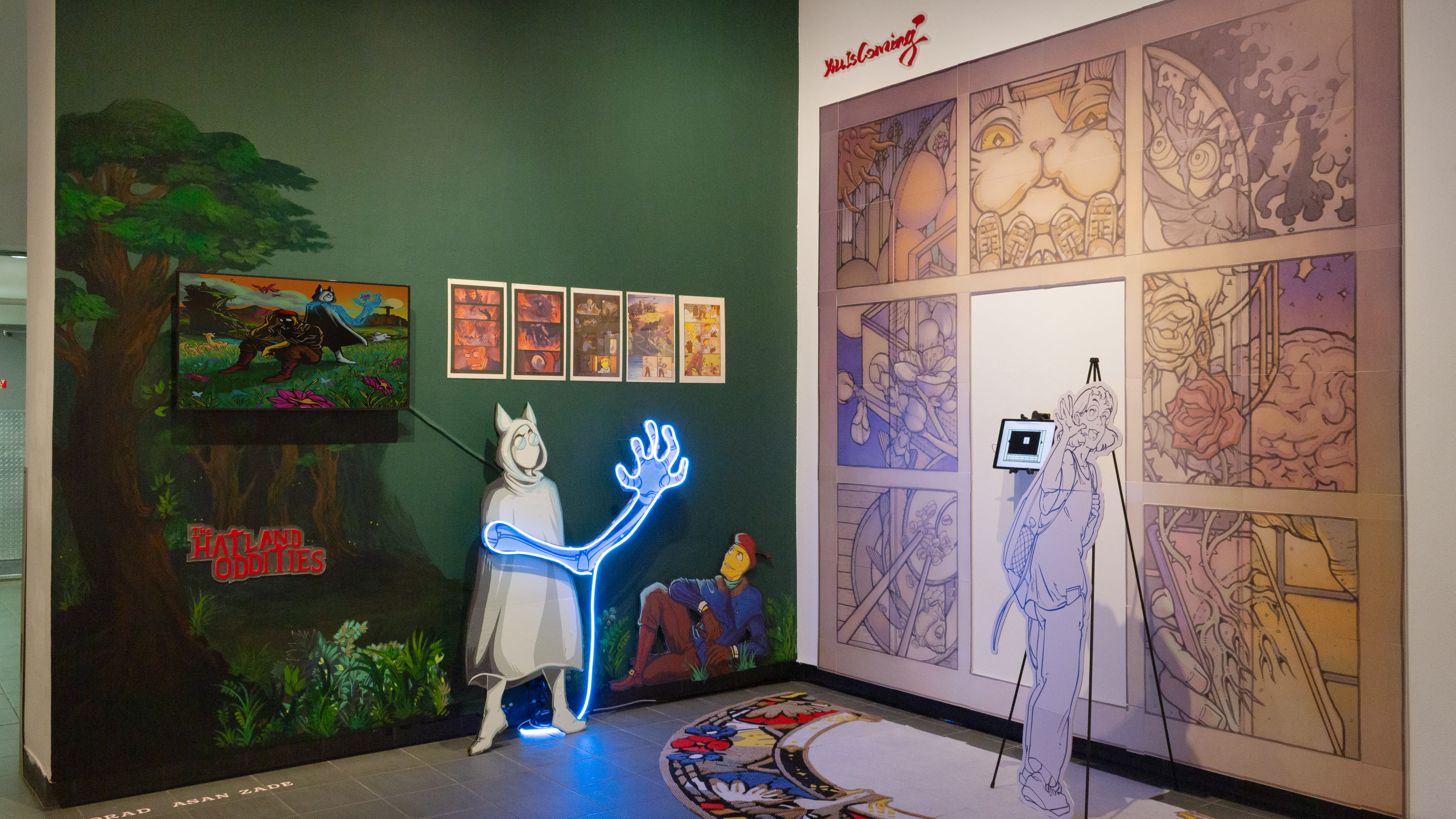 Multiple views of SVA Gramercy Gallery with individual exhibitions of students work. There is drawing and installation throughout the gallery.