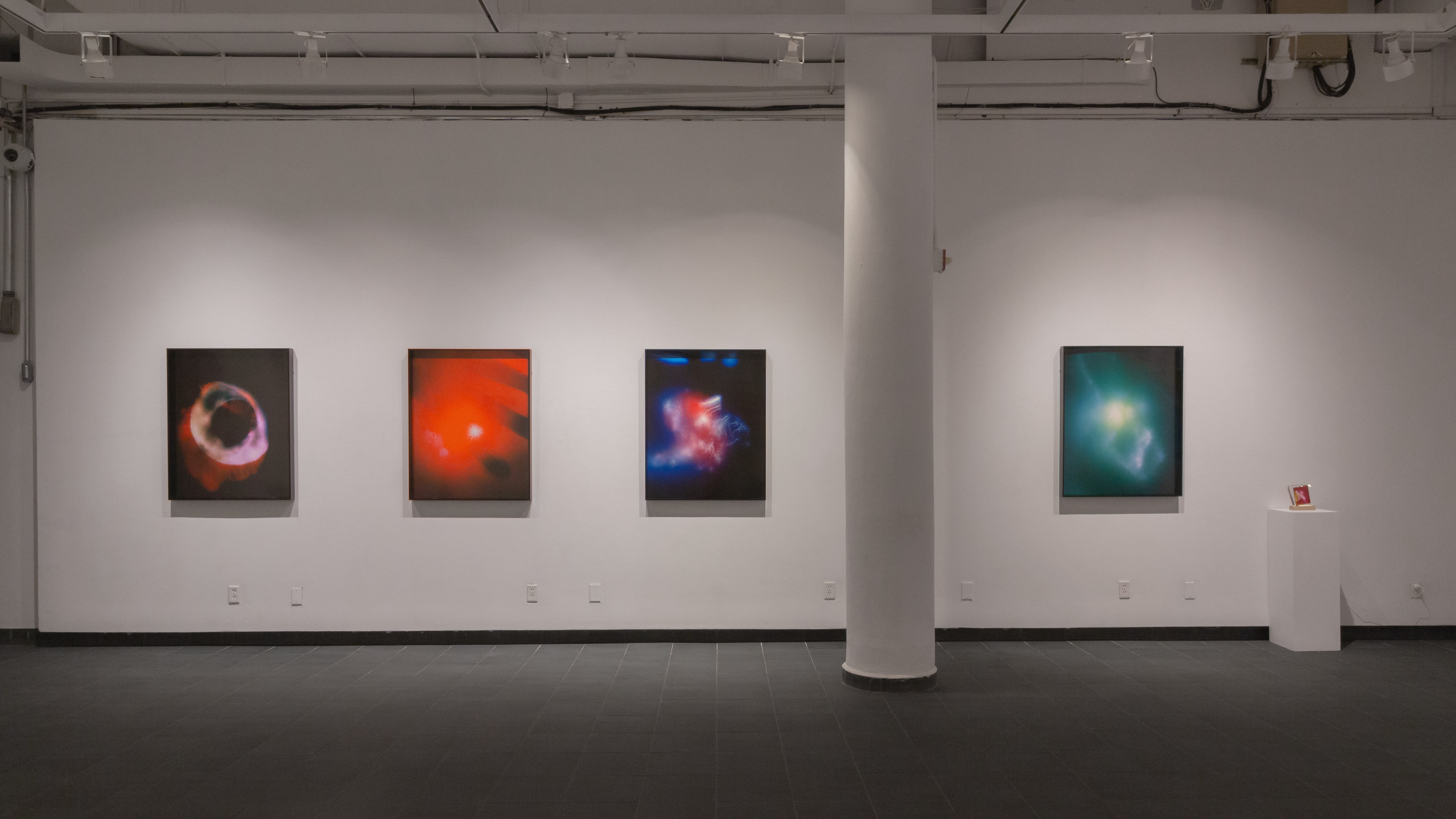 Multiple views of SVA Gramercy Gallery of photographs, paintings, installation and sculpture. 