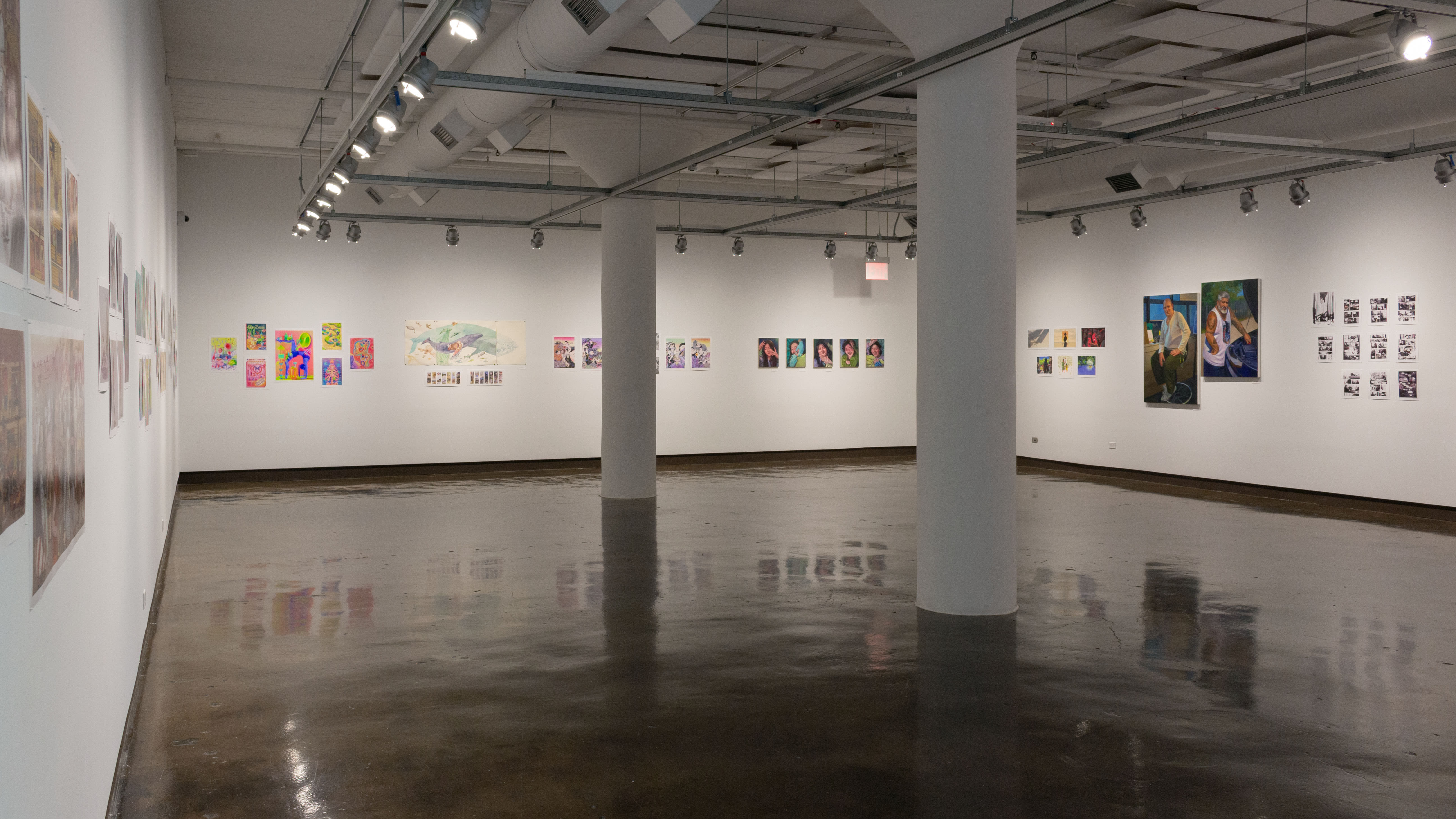 Multiple views of SVA Chelsea Gallery. There is illustrations and paintings hung on the walls. There are multiple shelves throughout the gallery with books places on them.