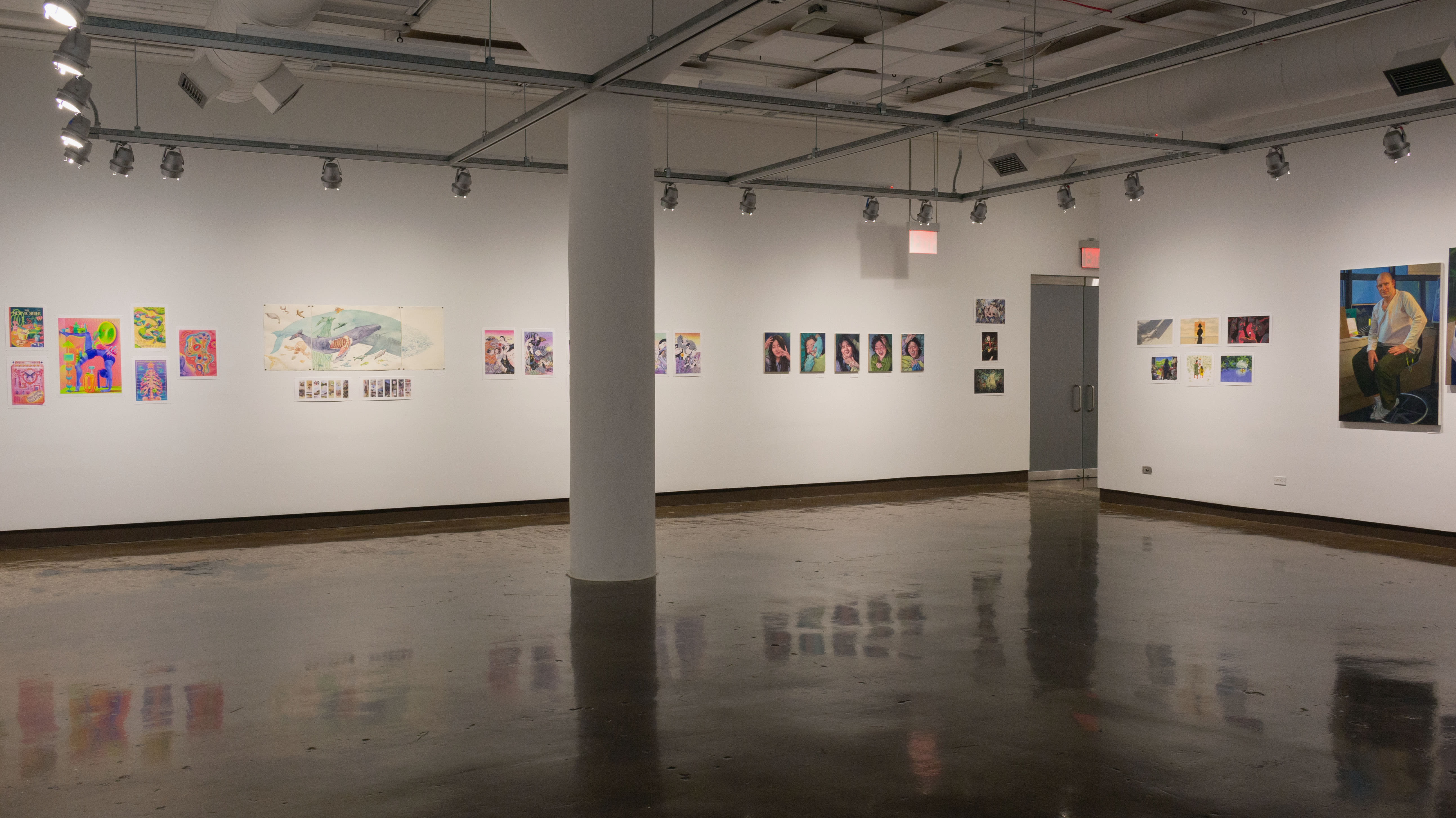 Multiple views of SVA Chelsea Gallery. There is illustrations and paintings hung on the walls. There are multiple shelves throughout the gallery with books places on them.