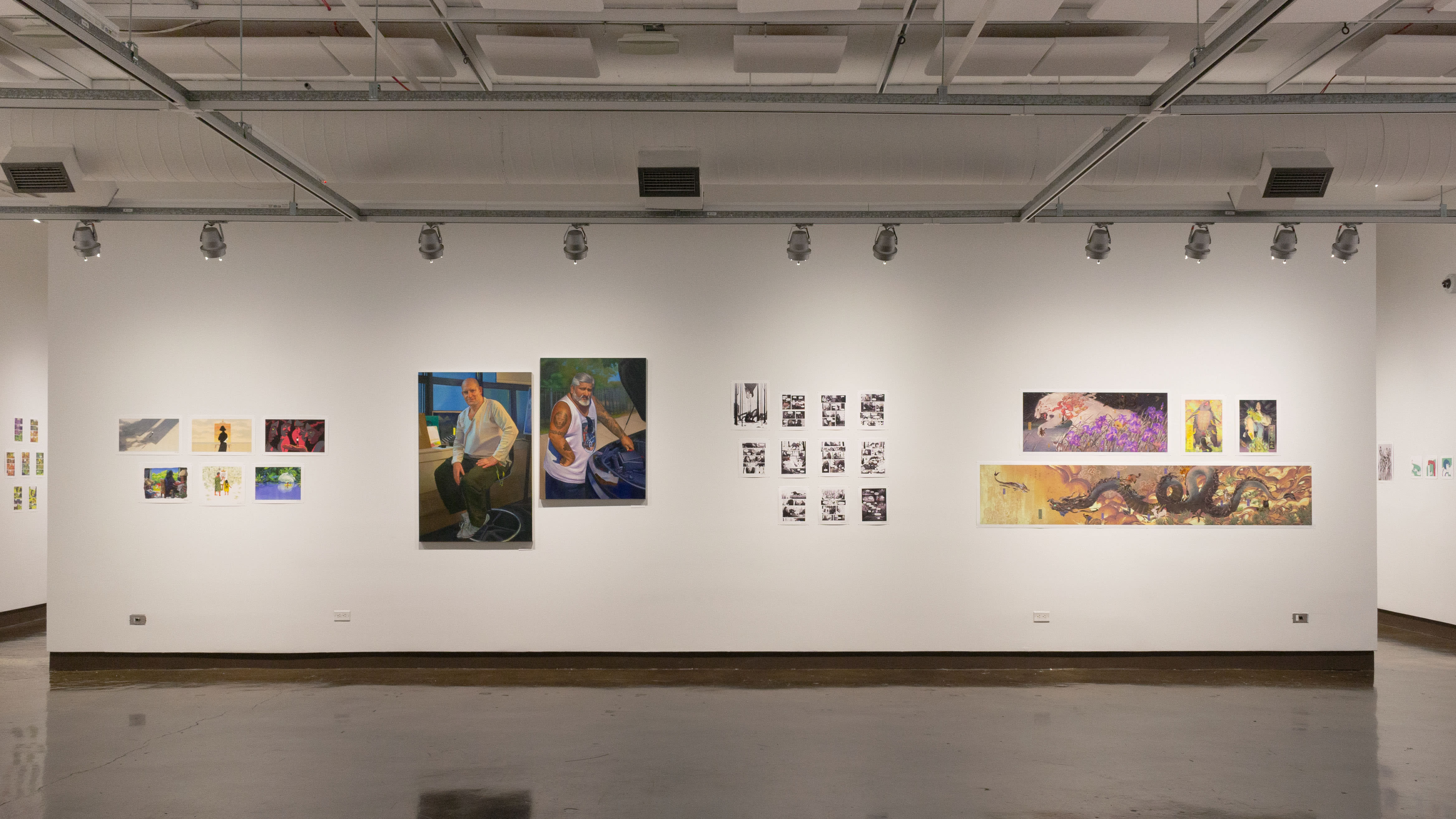 Multiple views of SVA Chelsea Gallery. There is illustrations and paintings hung on the walls. There are multiple shelves throughout the gallery with books places on them.
