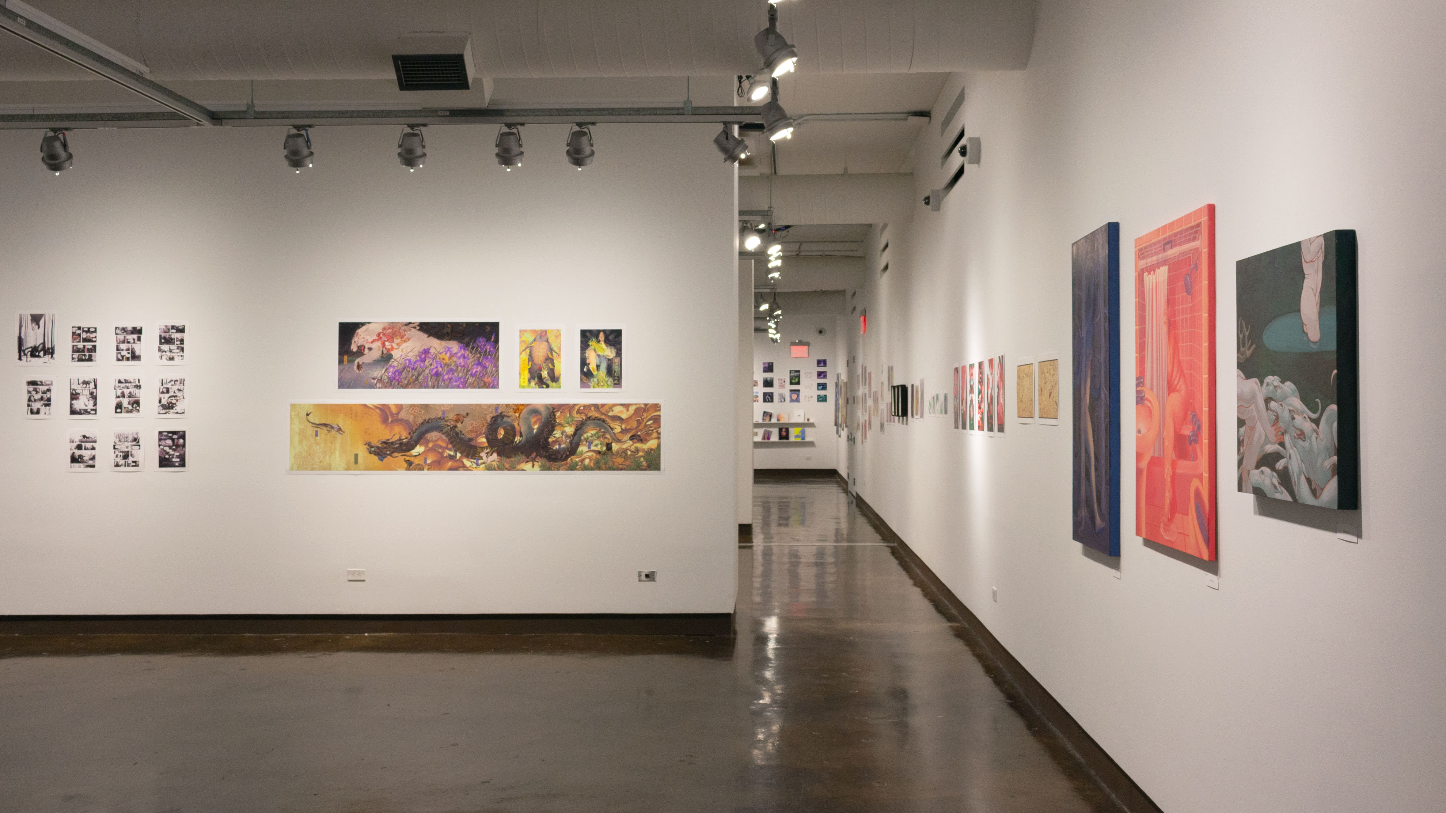 Multiple views of SVA Chelsea Gallery. There is illustrations and paintings hung on the walls. There are multiple shelves throughout the gallery with books places on them.