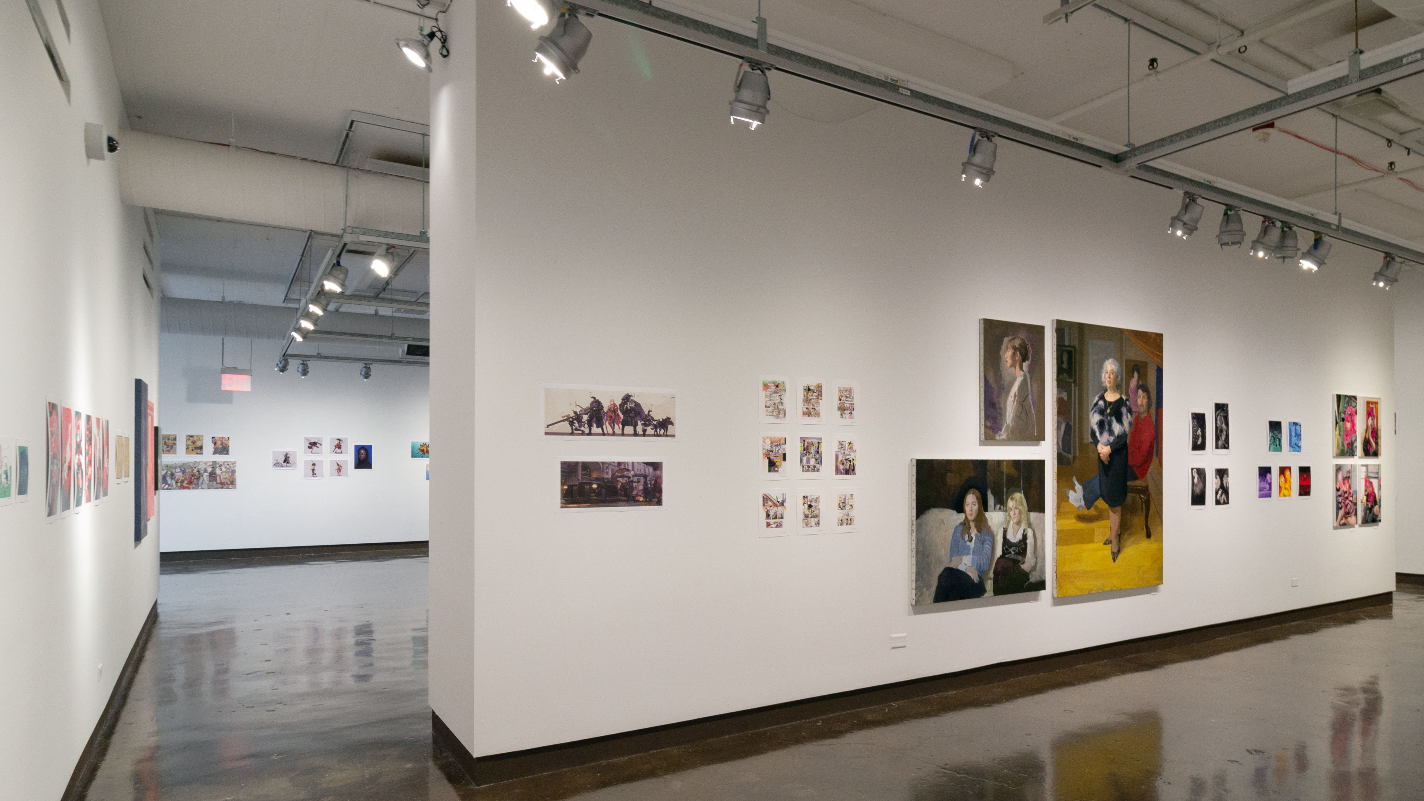 Multiple views of SVA Chelsea Gallery. There is illustrations and paintings hung on the walls. There are multiple shelves throughout the gallery with books places on them.