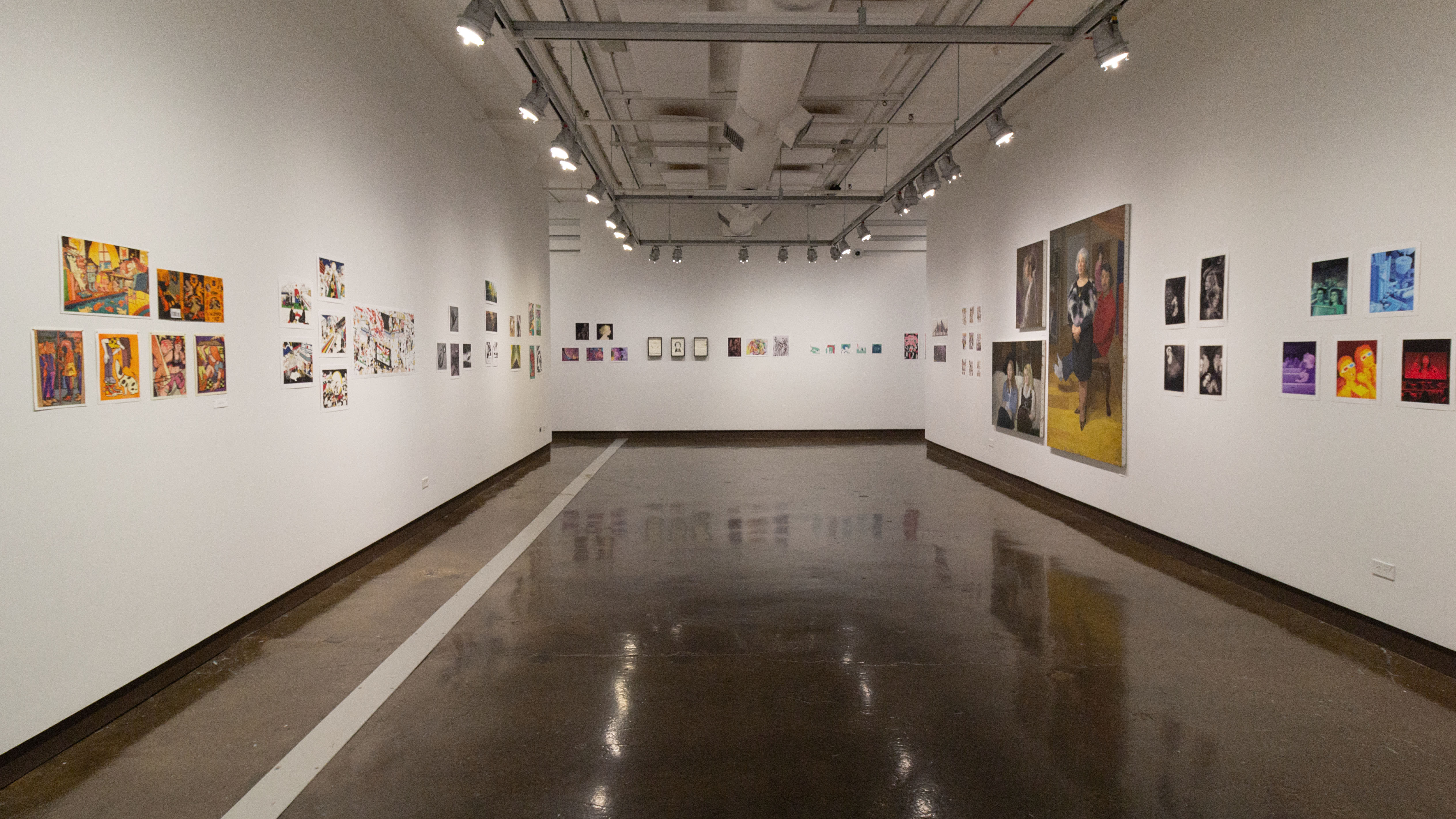 Multiple views of SVA Chelsea Gallery. There is illustrations and paintings hung on the walls. There are multiple shelves throughout the gallery with books places on them.