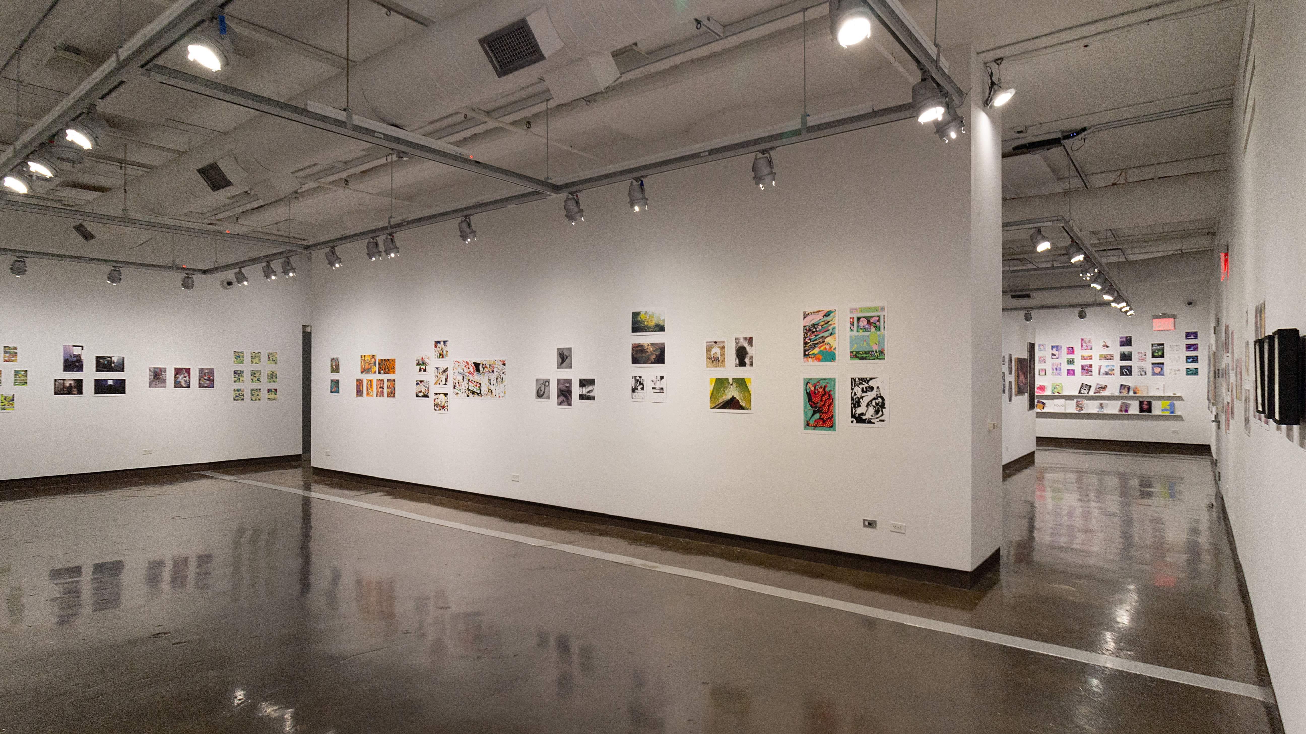 Multiple views of SVA Chelsea Gallery. There is illustrations and paintings hung on the walls. There are multiple shelves throughout the gallery with books places on them.