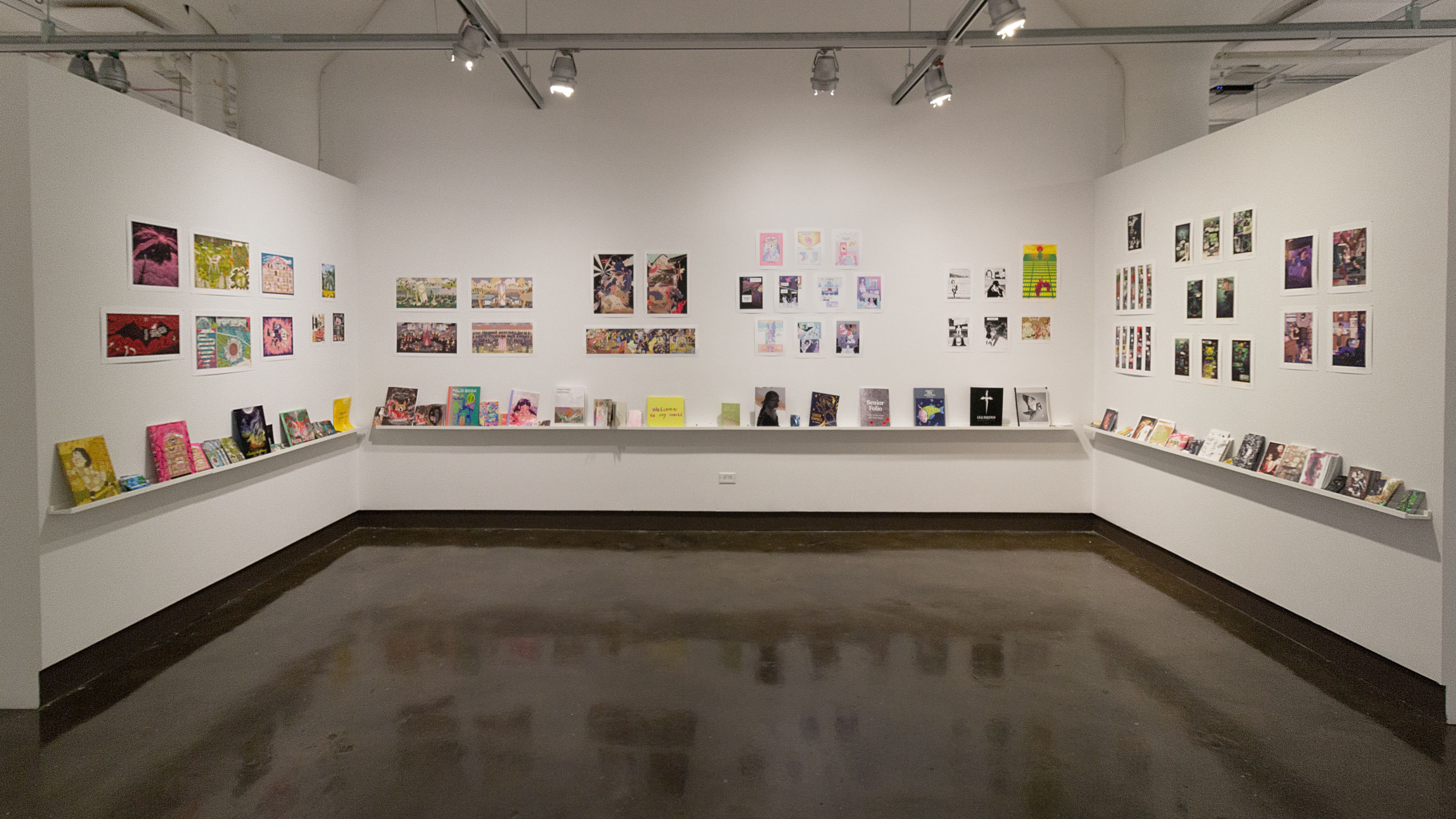 Multiple views of SVA Chelsea Gallery. There is illustrations and paintings hung on the walls. There are multiple shelves throughout the gallery with books places on them.