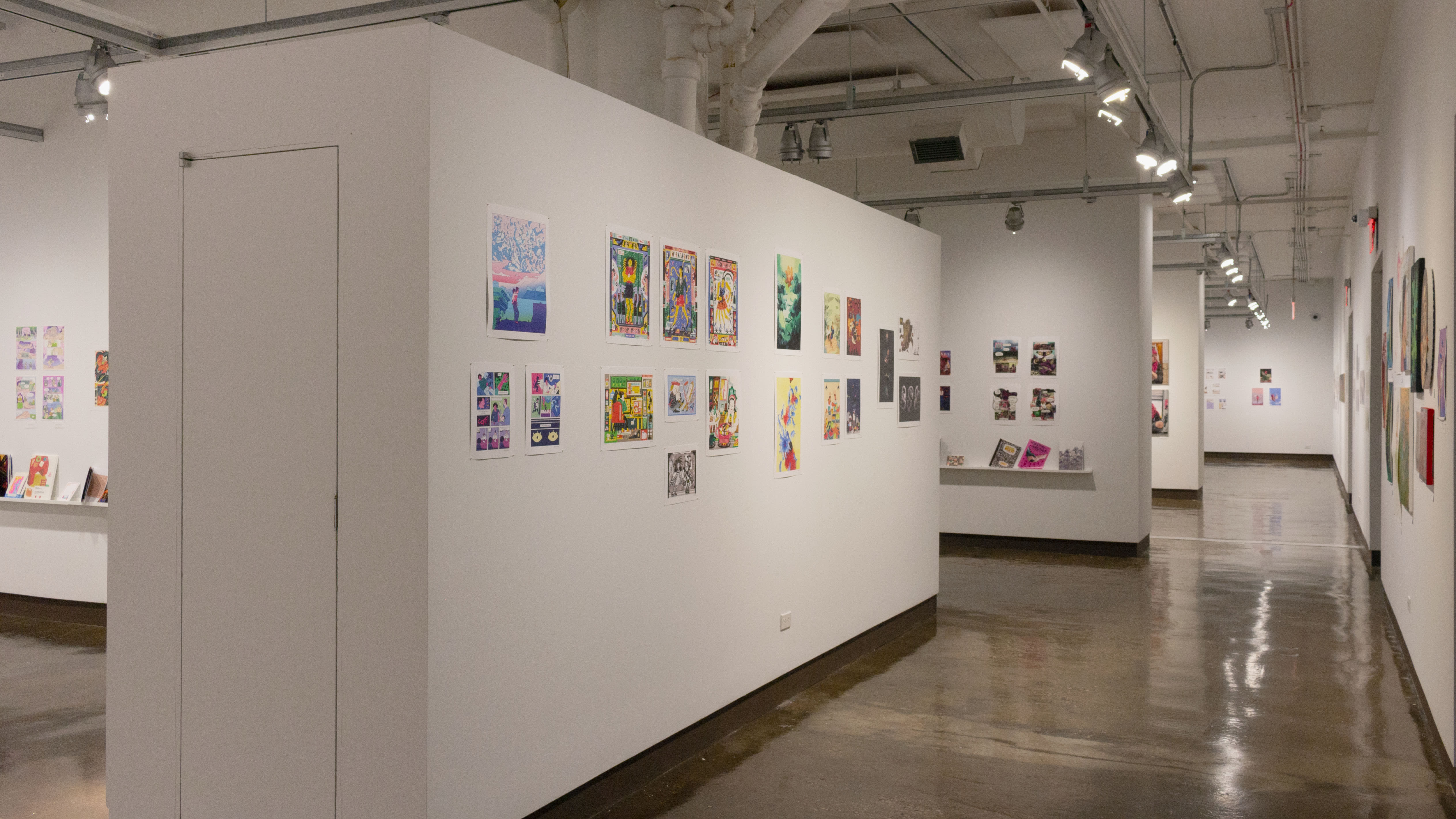 Multiple views of SVA Chelsea Gallery. There is illustrations and paintings hung on the walls. There are multiple shelves throughout the gallery with books places on them.