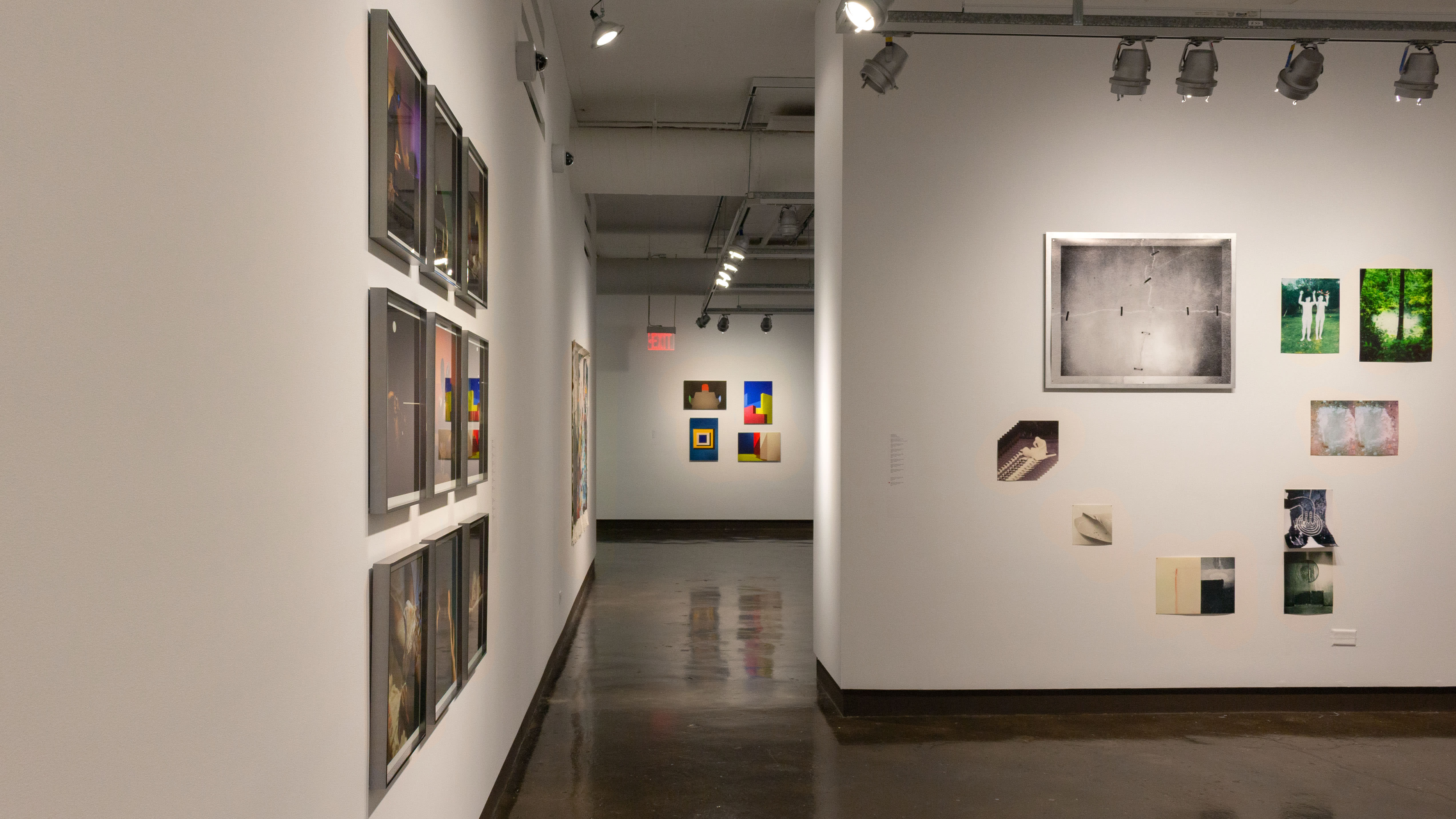 Multiple views of SVA Chelsea Gallery. There are photographs hung on the wall, installations and projections throughout the gallery.