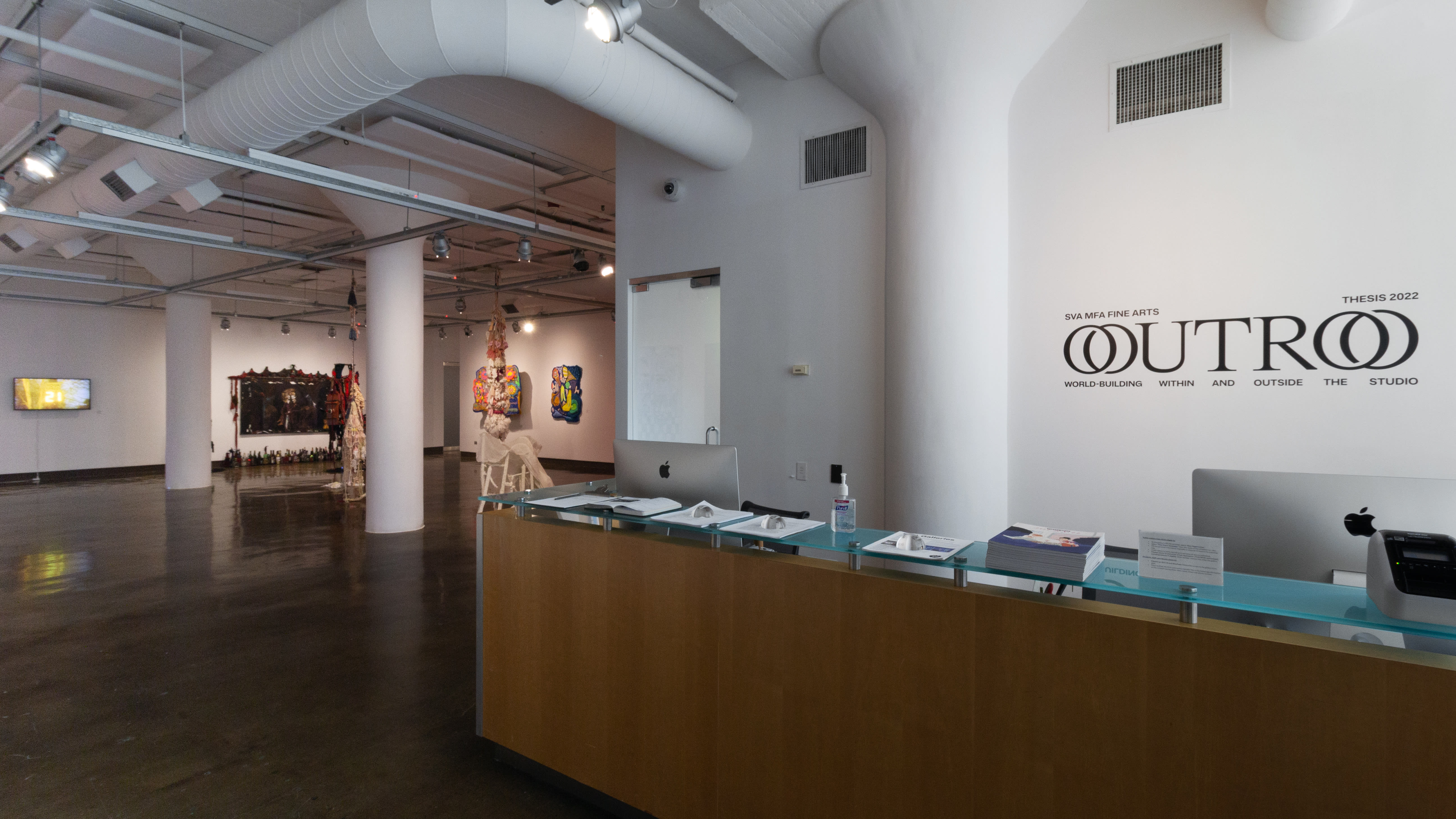 Multiple views of SVA Chelsea Gallery with sculpture, painting, installation and video.