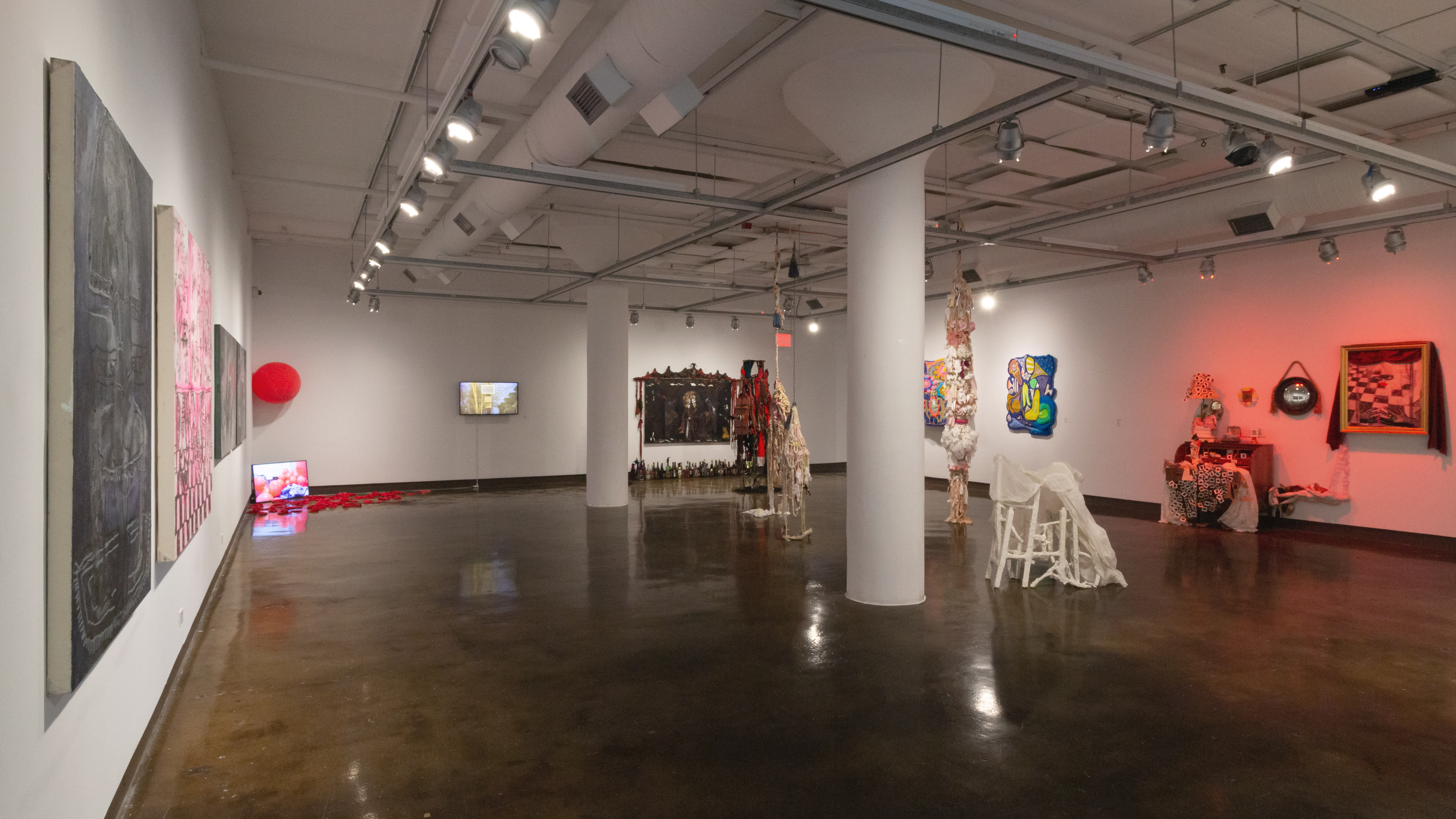 Multiple views of SVA Chelsea Gallery with sculpture, painting, installation and video.