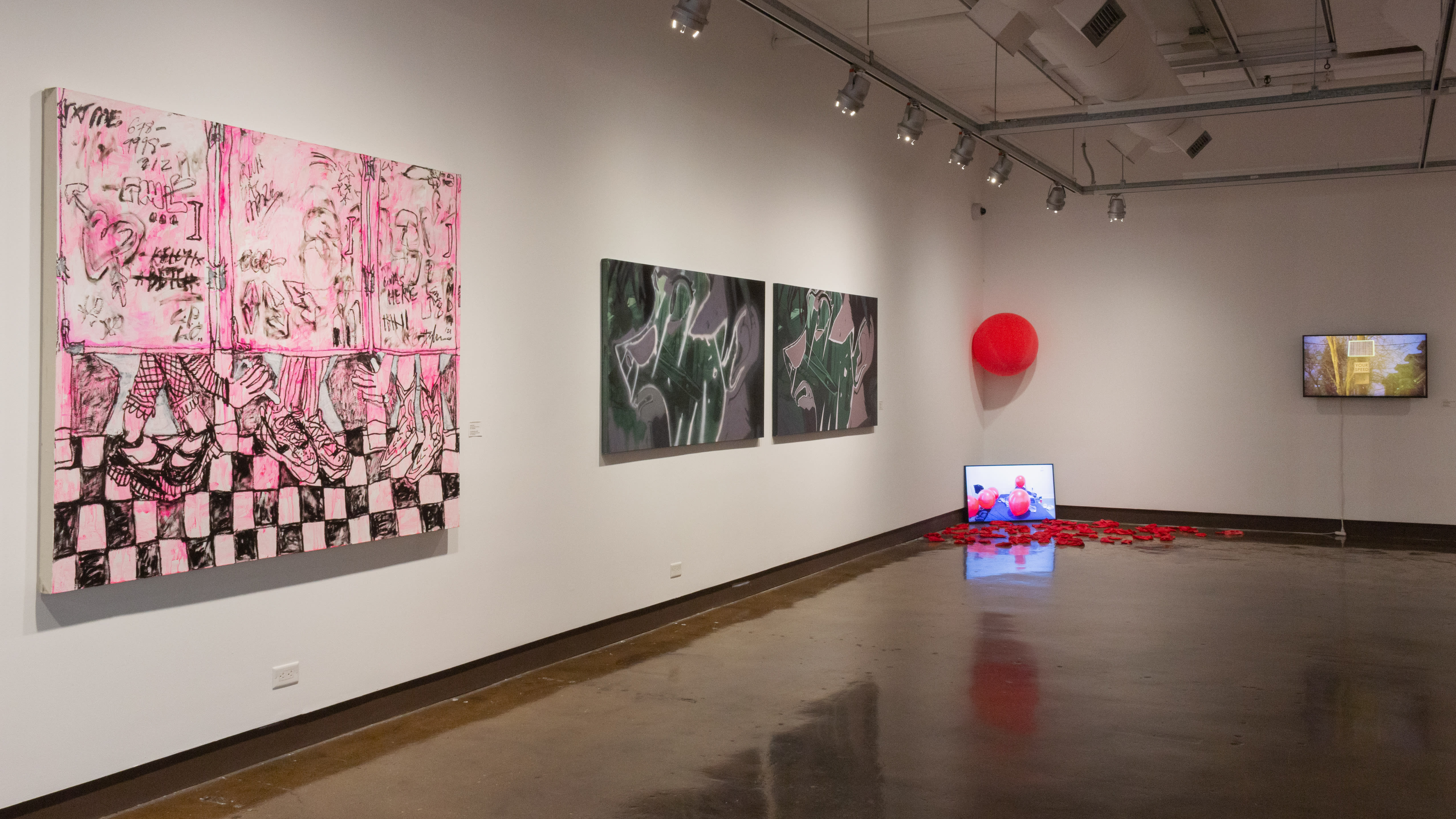 Multiple views of SVA Chelsea Gallery with sculpture, painting, installation and video.