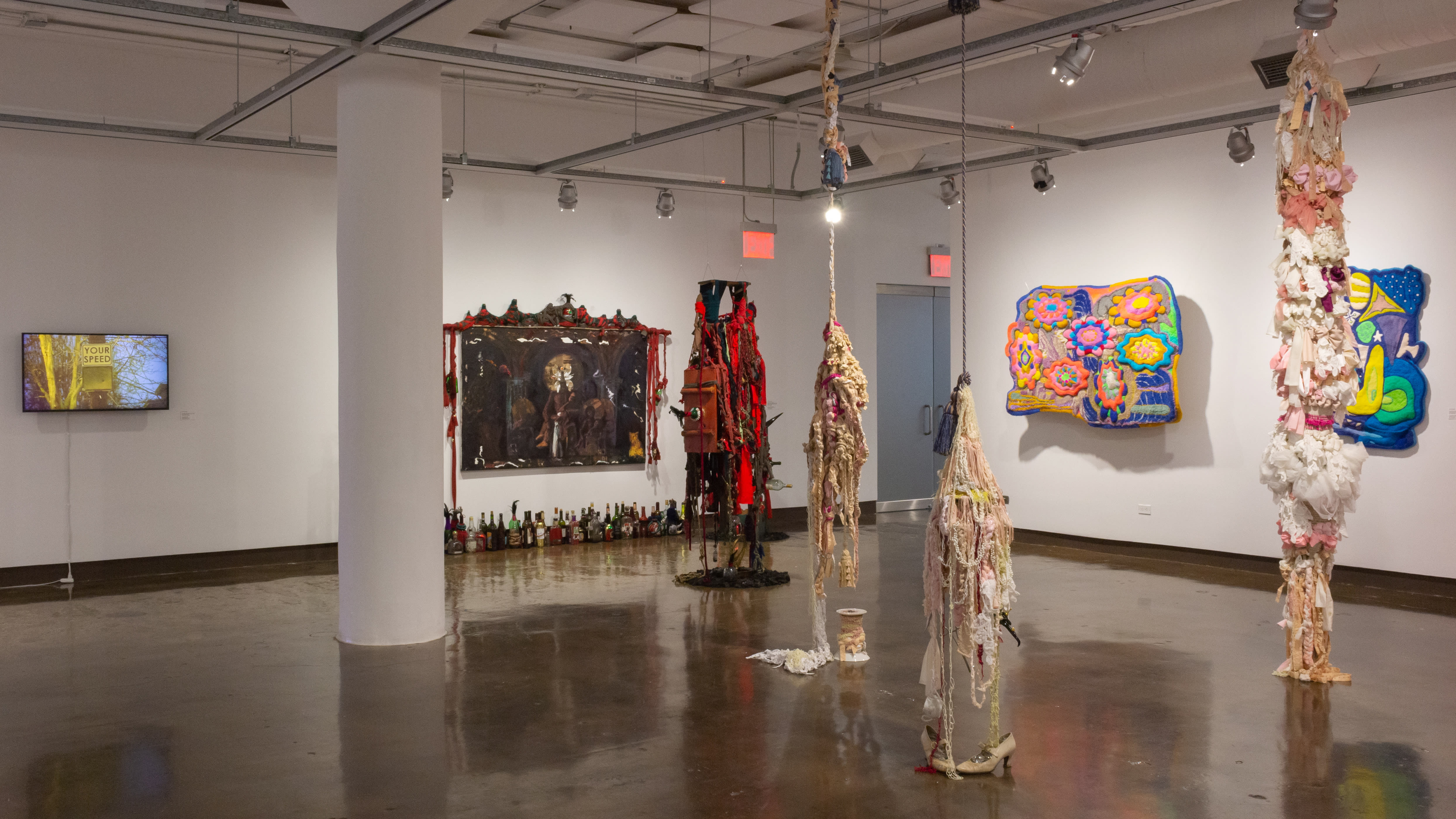 Multiple views of SVA Chelsea Gallery with sculpture, painting, installation and video.