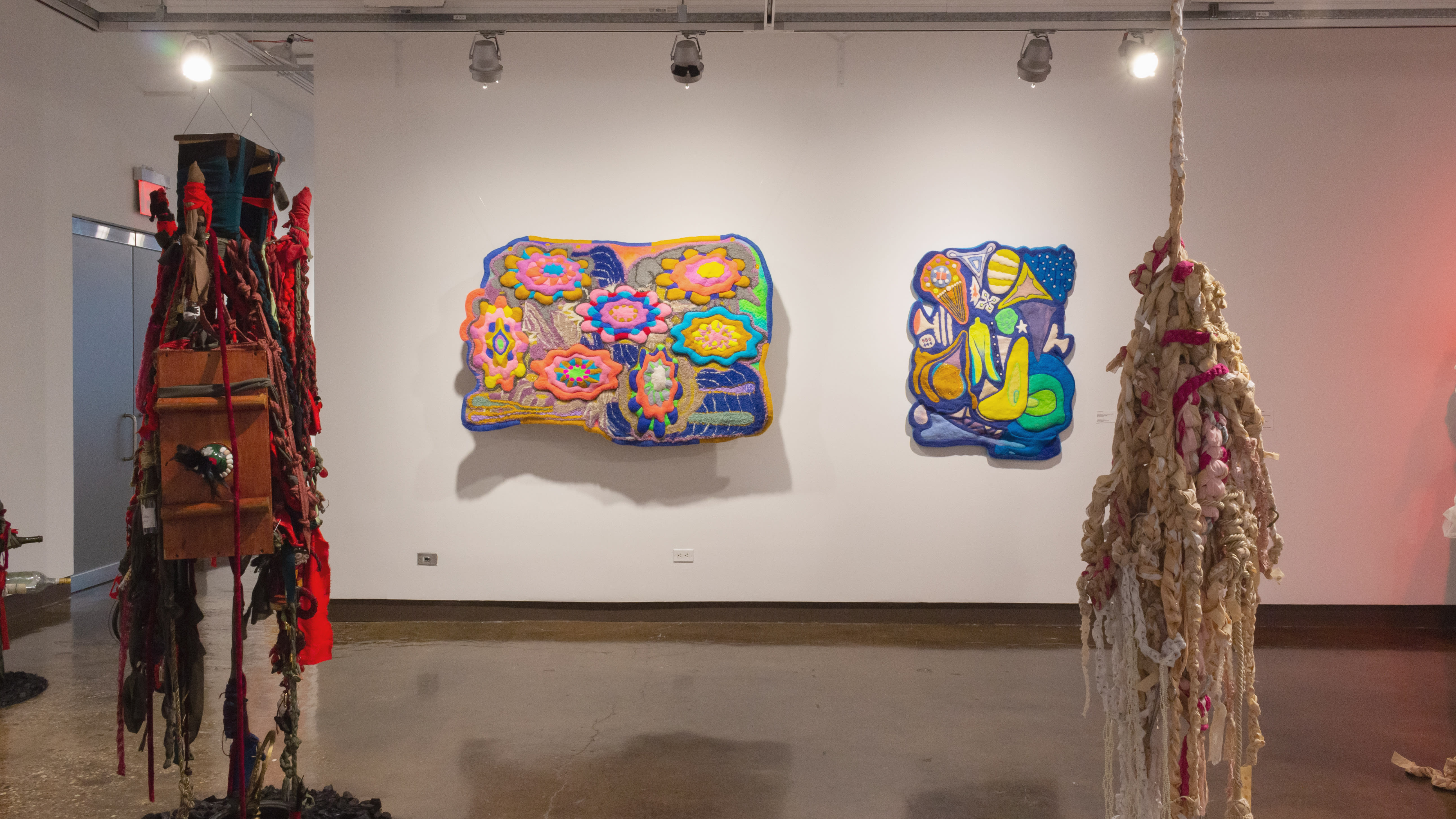 Multiple views of SVA Chelsea Gallery with sculpture, painting, installation and video.