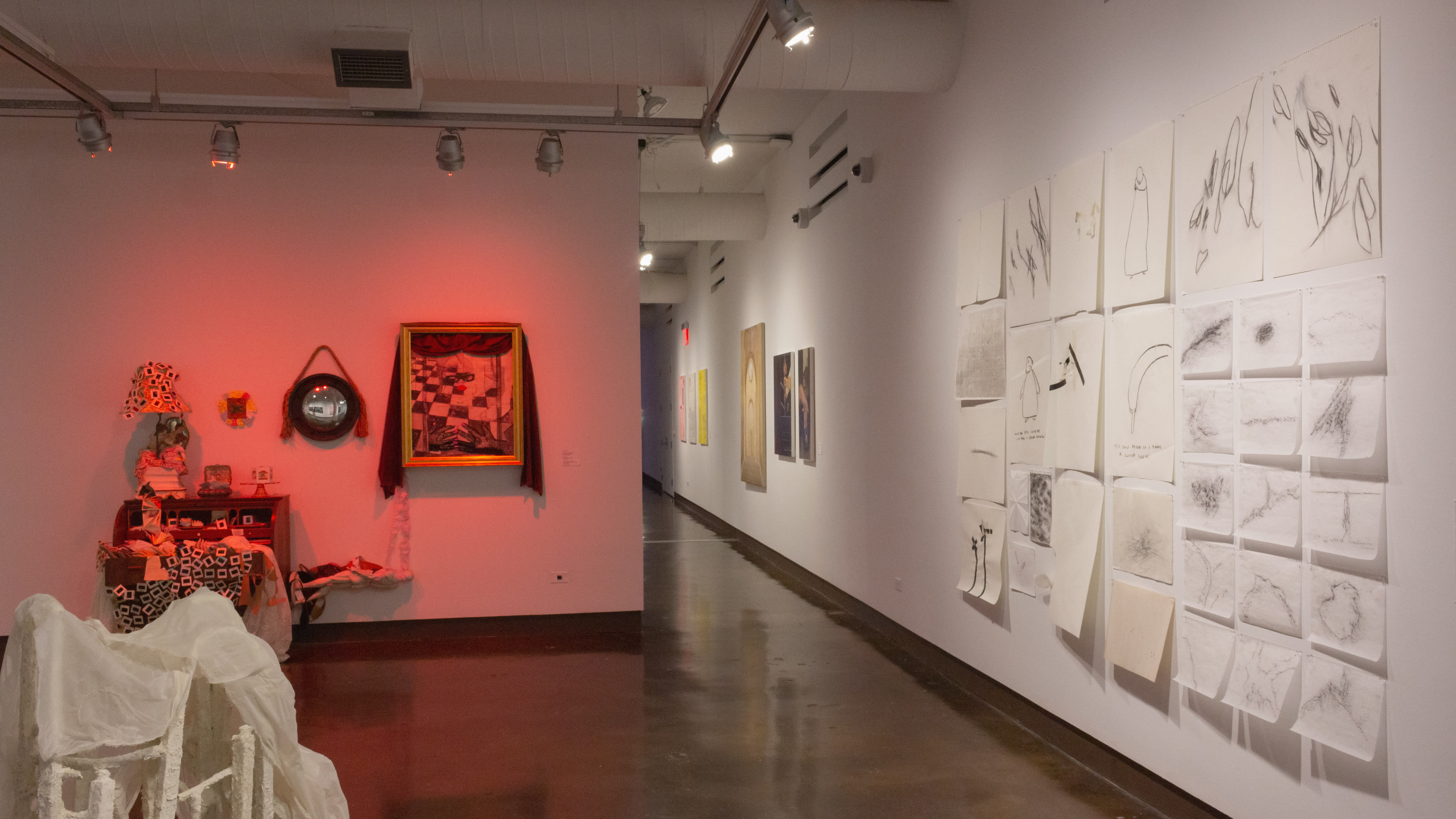 Multiple views of SVA Chelsea Gallery with sculpture, painting, installation and video.