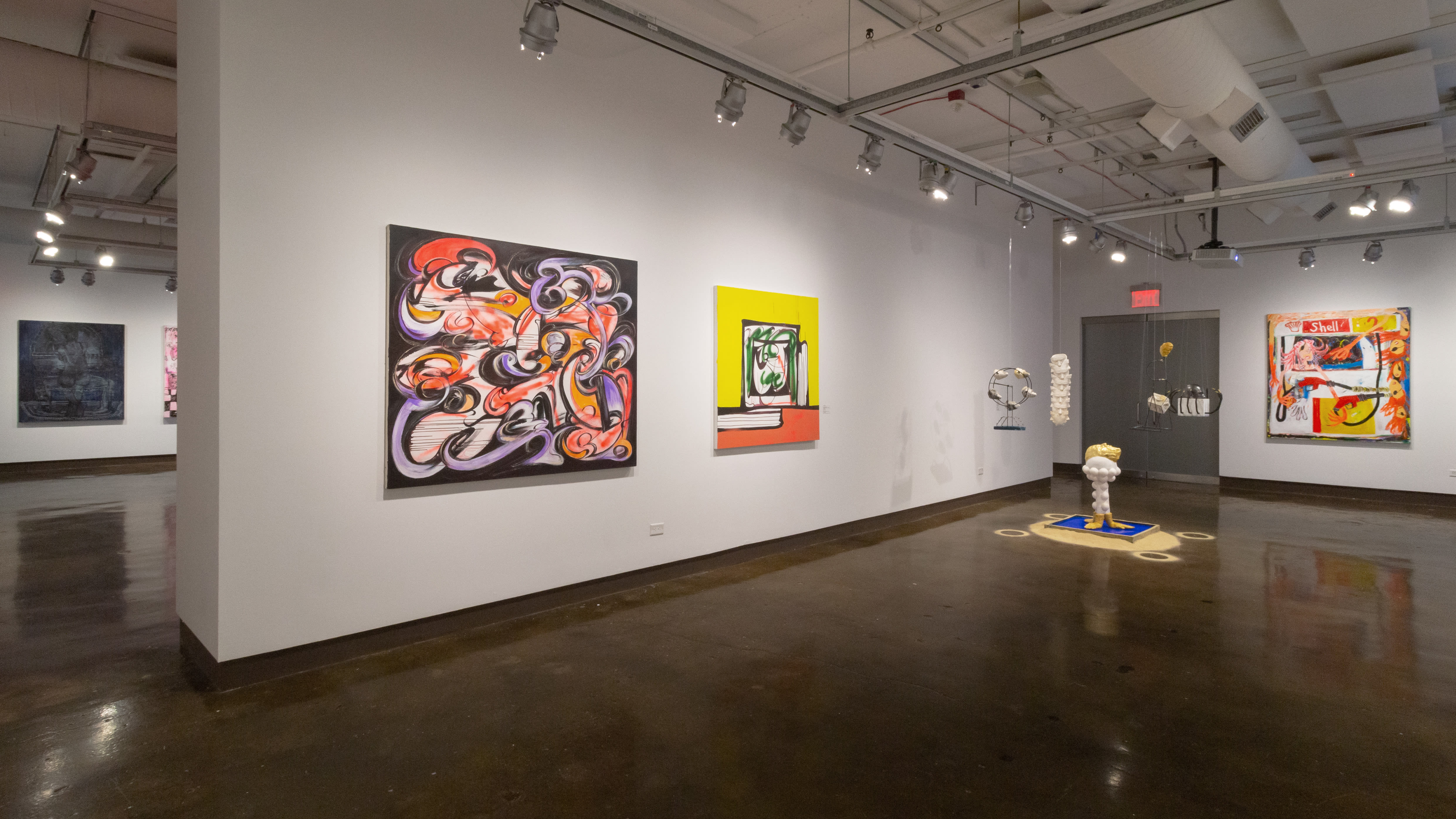Multiple views of SVA Chelsea Gallery with sculpture, painting, installation and video.