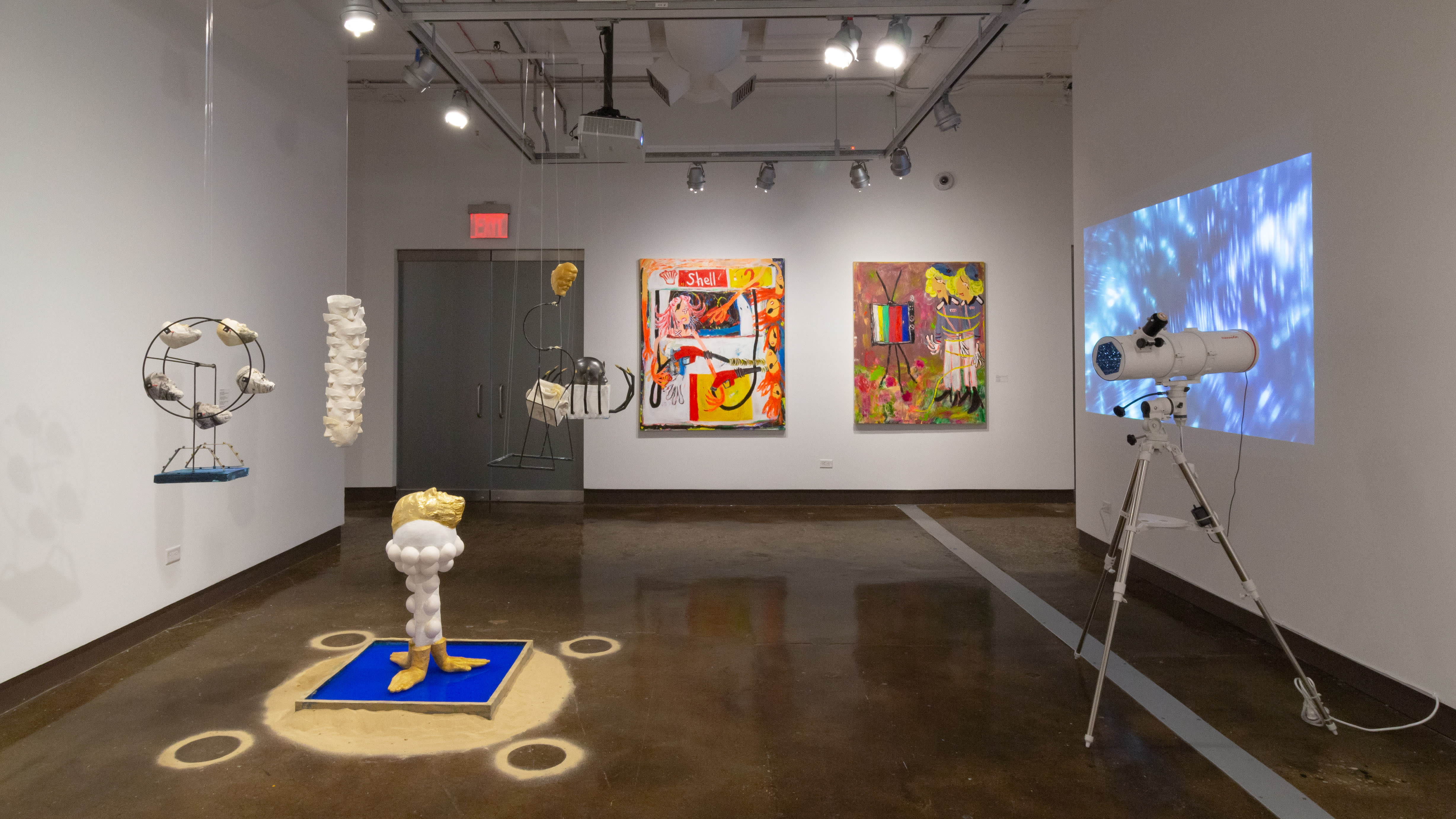 Multiple views of SVA Chelsea Gallery with sculpture, painting, installation and video.