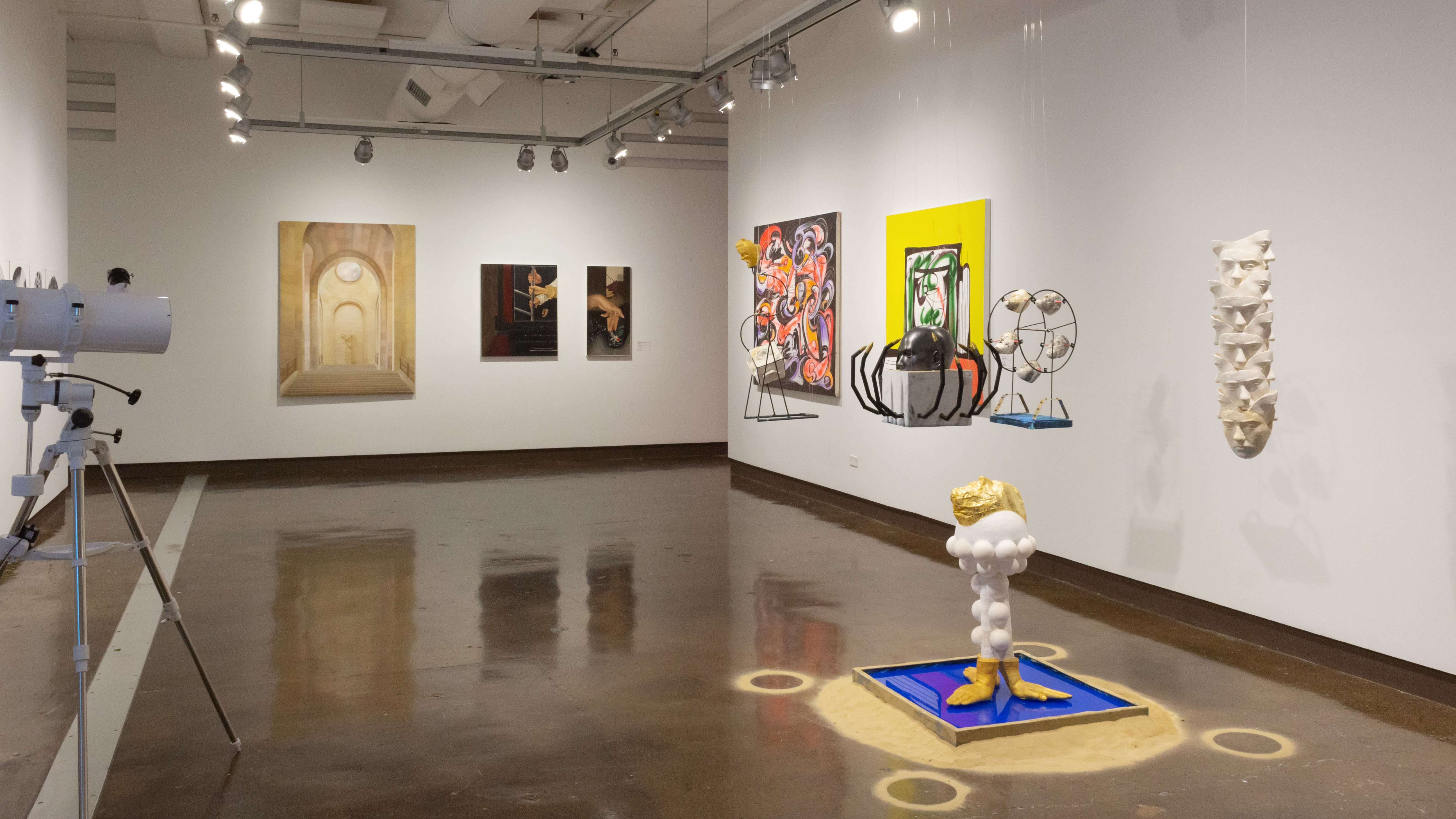Multiple views of SVA Chelsea Gallery with sculpture, painting, installation and video.