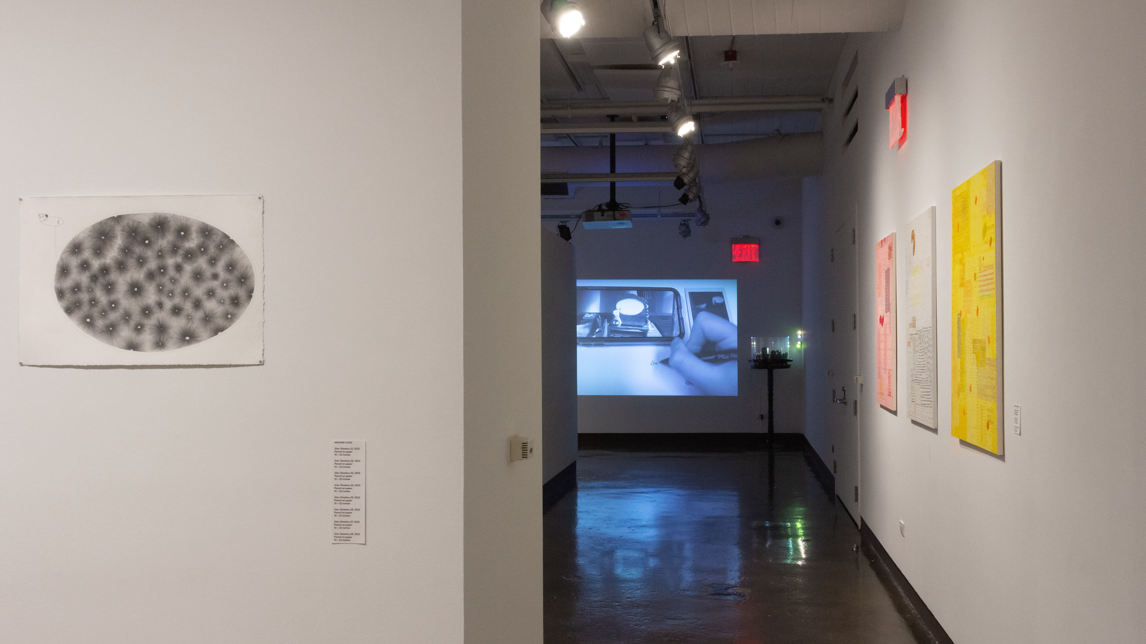 Multiple views of SVA Chelsea Gallery with sculpture, painting, installation and video.