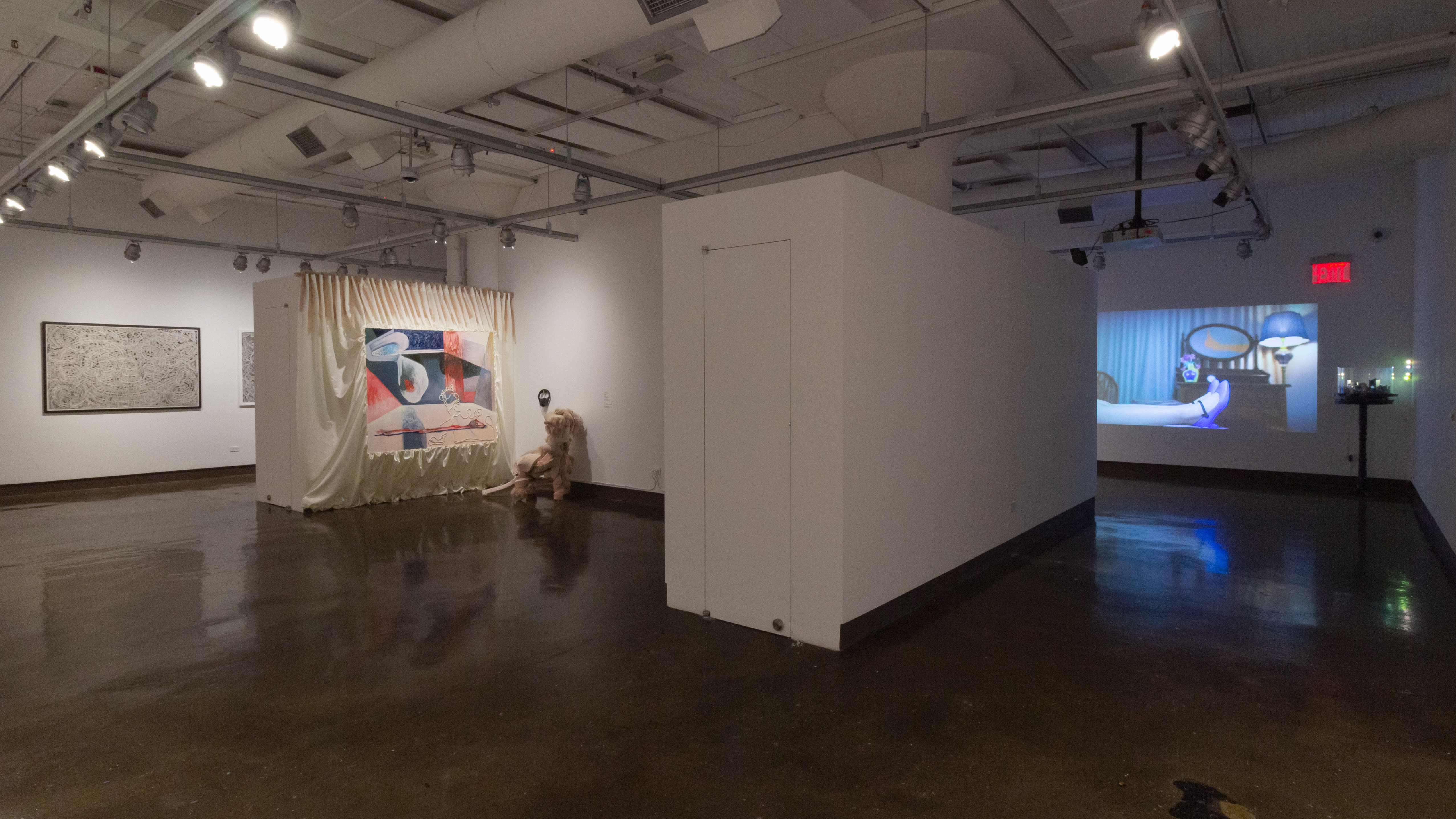 Multiple views of SVA Chelsea Gallery with sculpture, painting, installation and video.