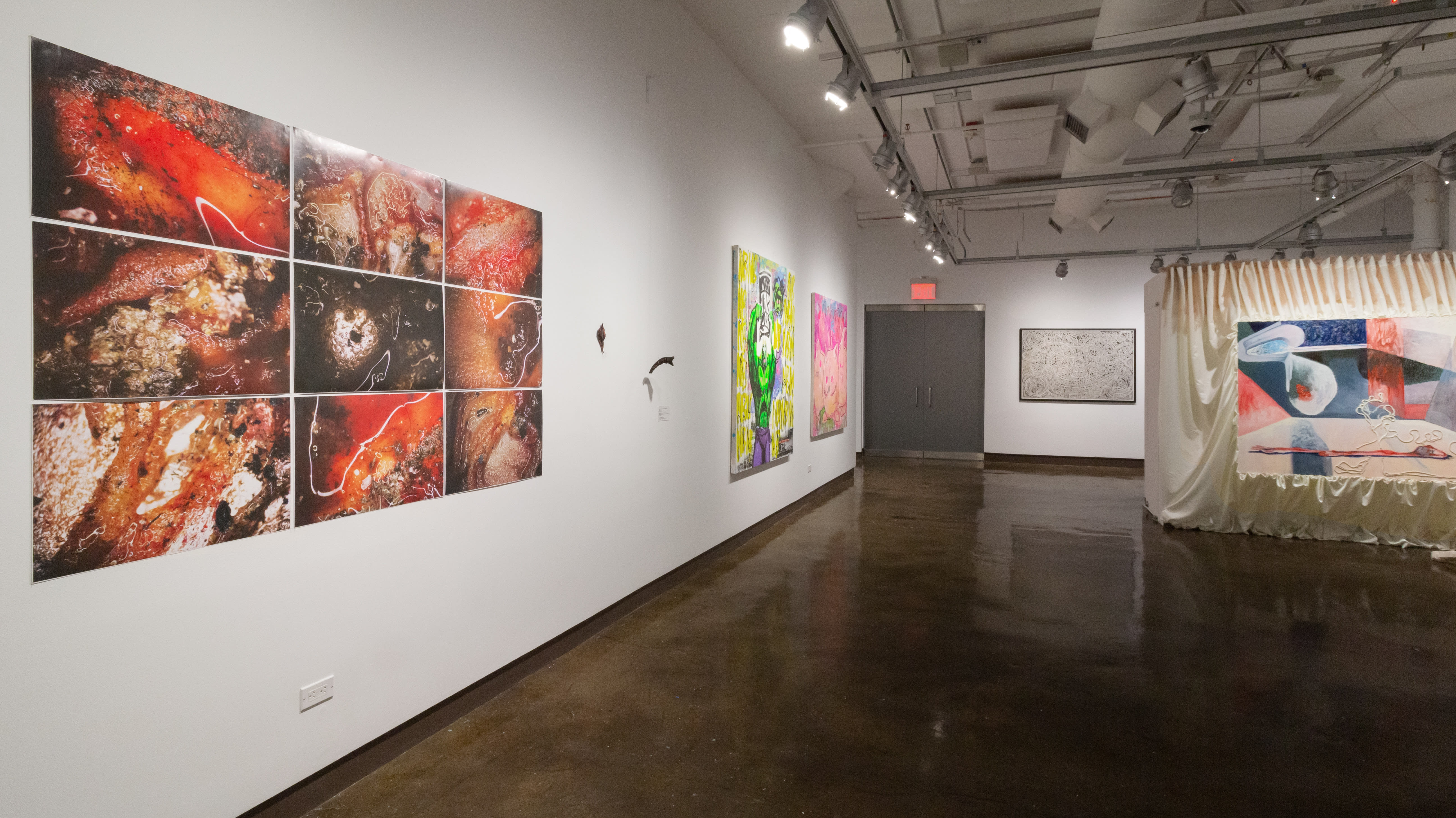 Multiple views of SVA Chelsea Gallery with sculpture, painting, installation and video.