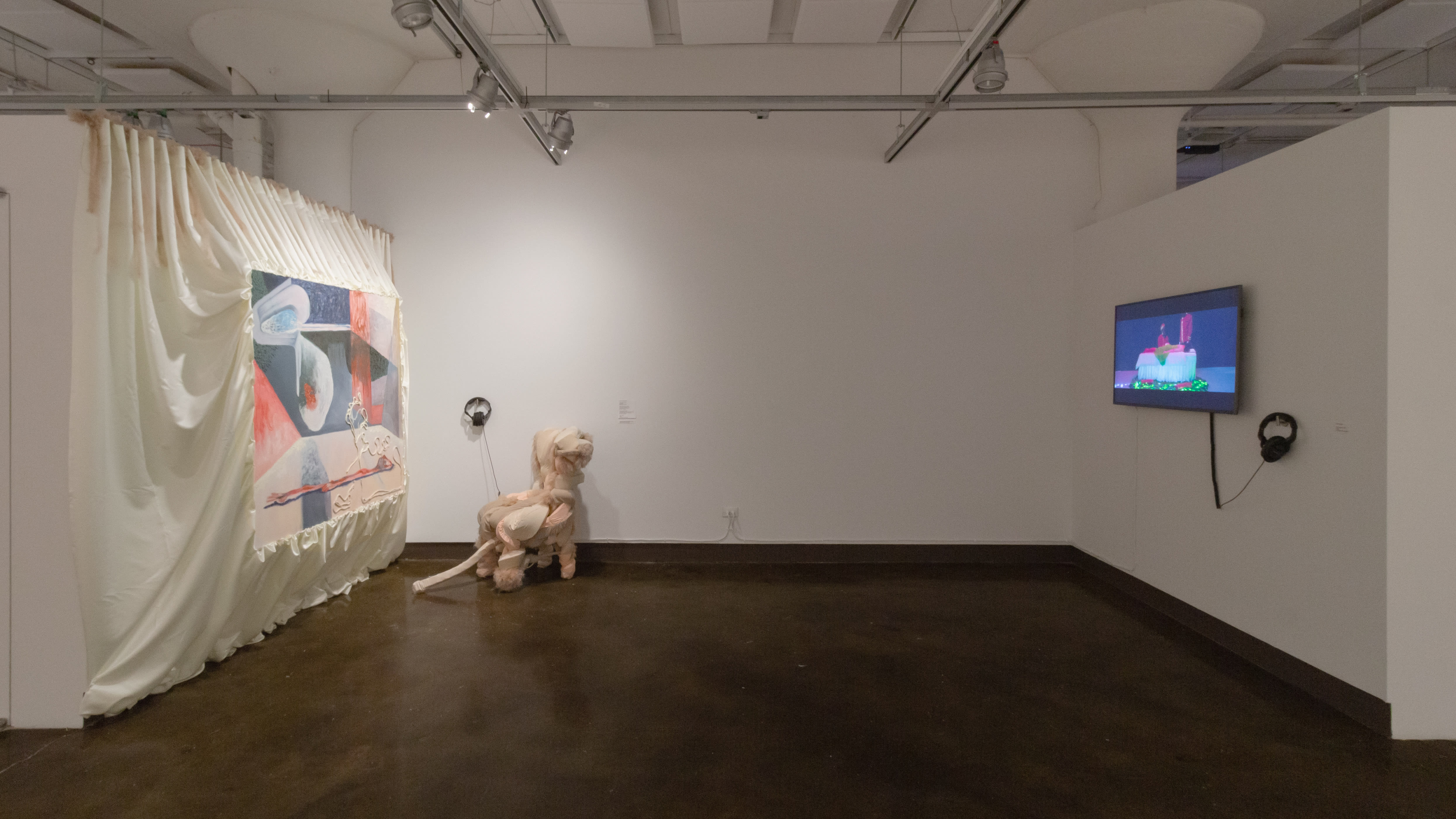 Multiple views of SVA Chelsea Gallery with sculpture, painting, installation and video.