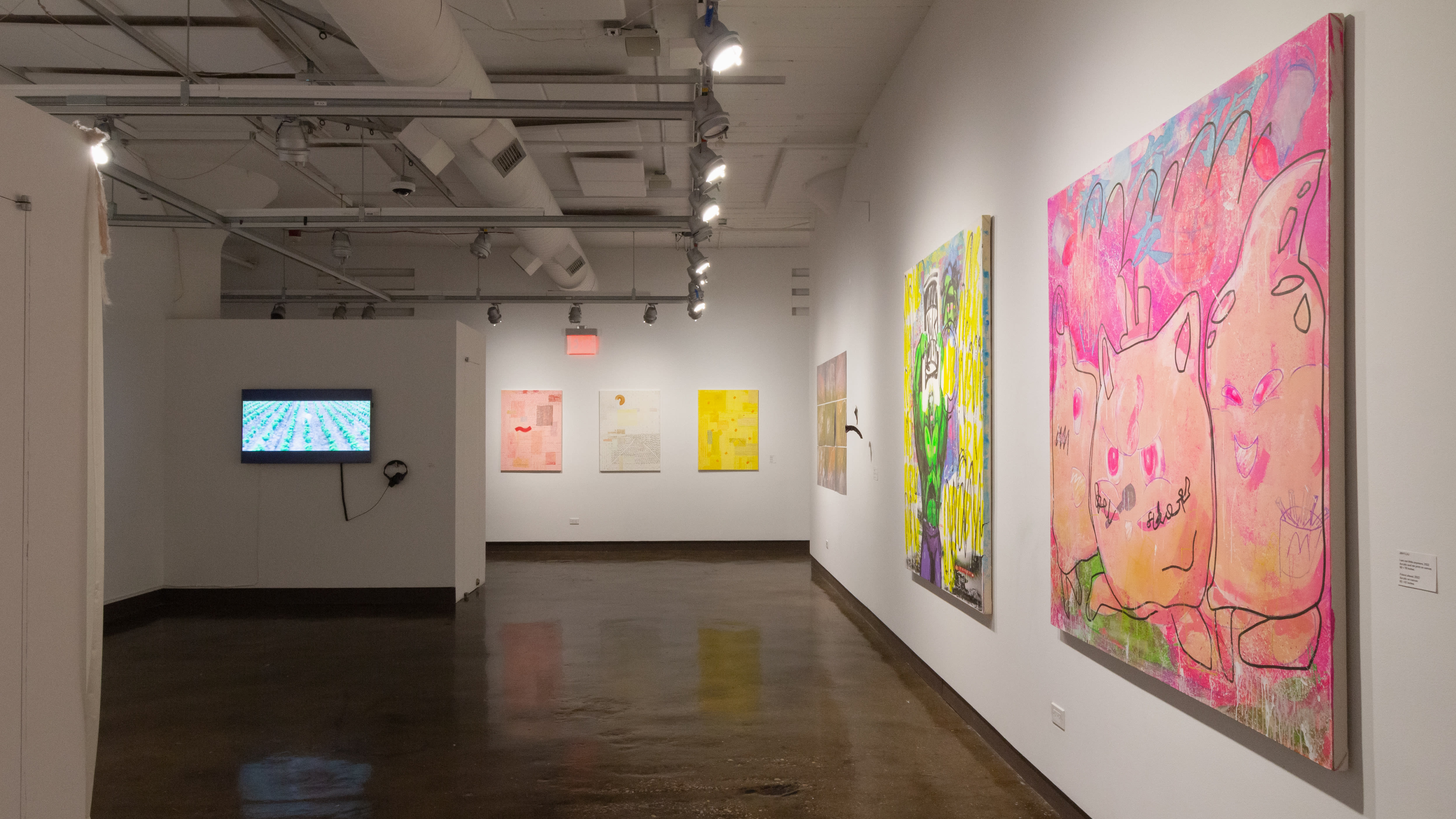 Multiple views of SVA Chelsea Gallery with sculpture, painting, installation and video.