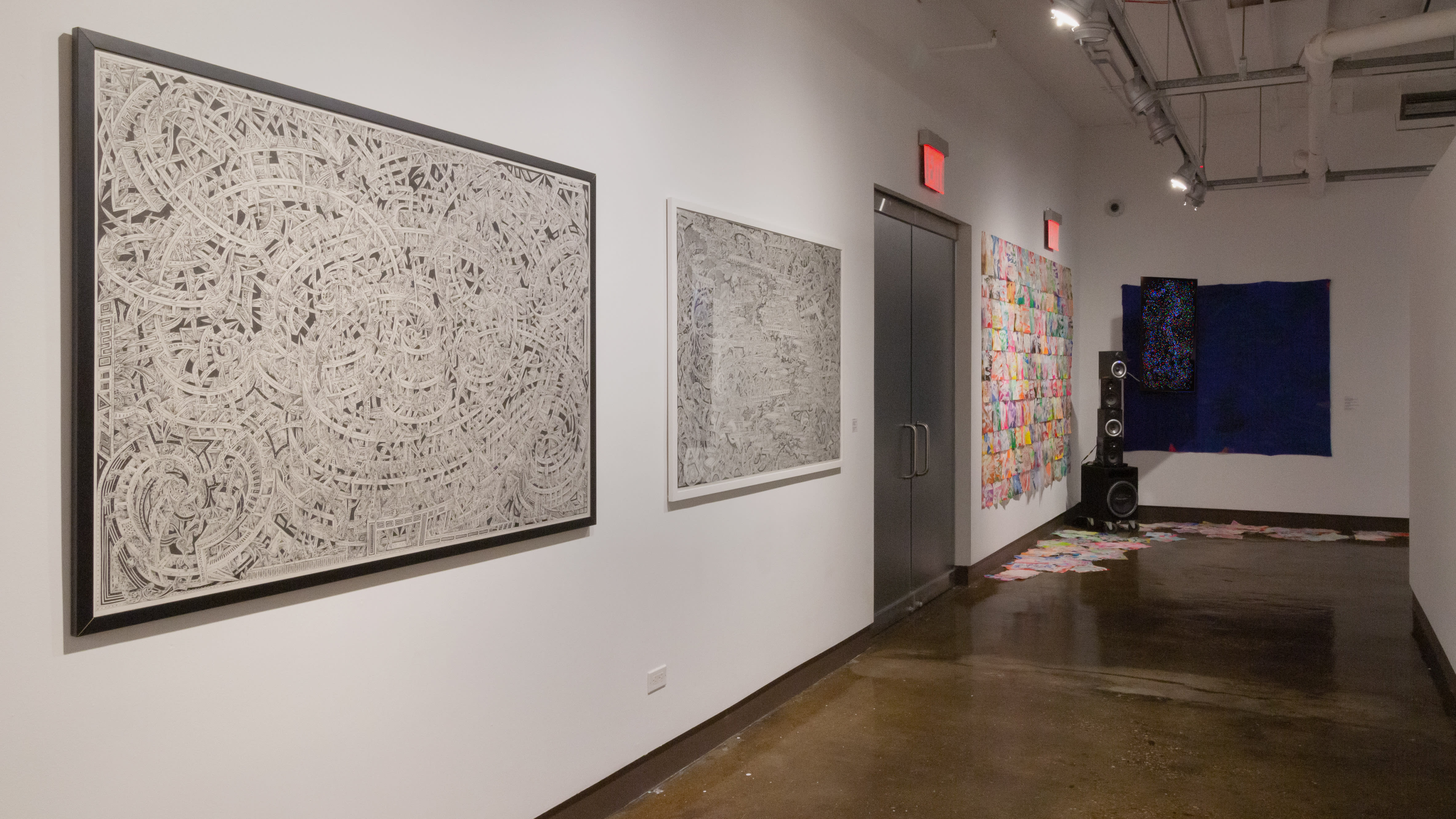 Multiple views of SVA Chelsea Gallery with sculpture, painting, installation and video.