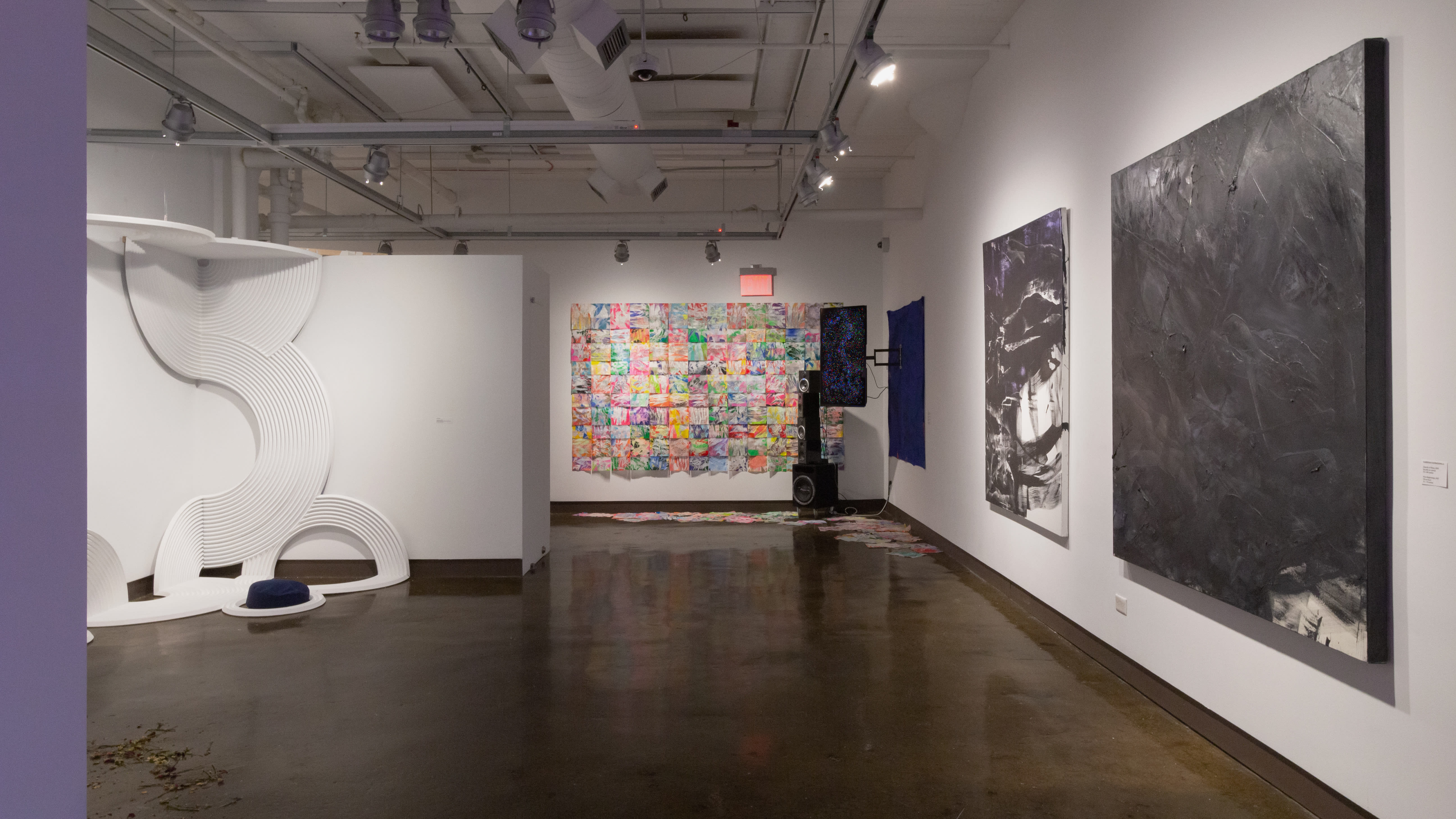 Multiple views of SVA Chelsea Gallery with sculpture, painting, installation and video.