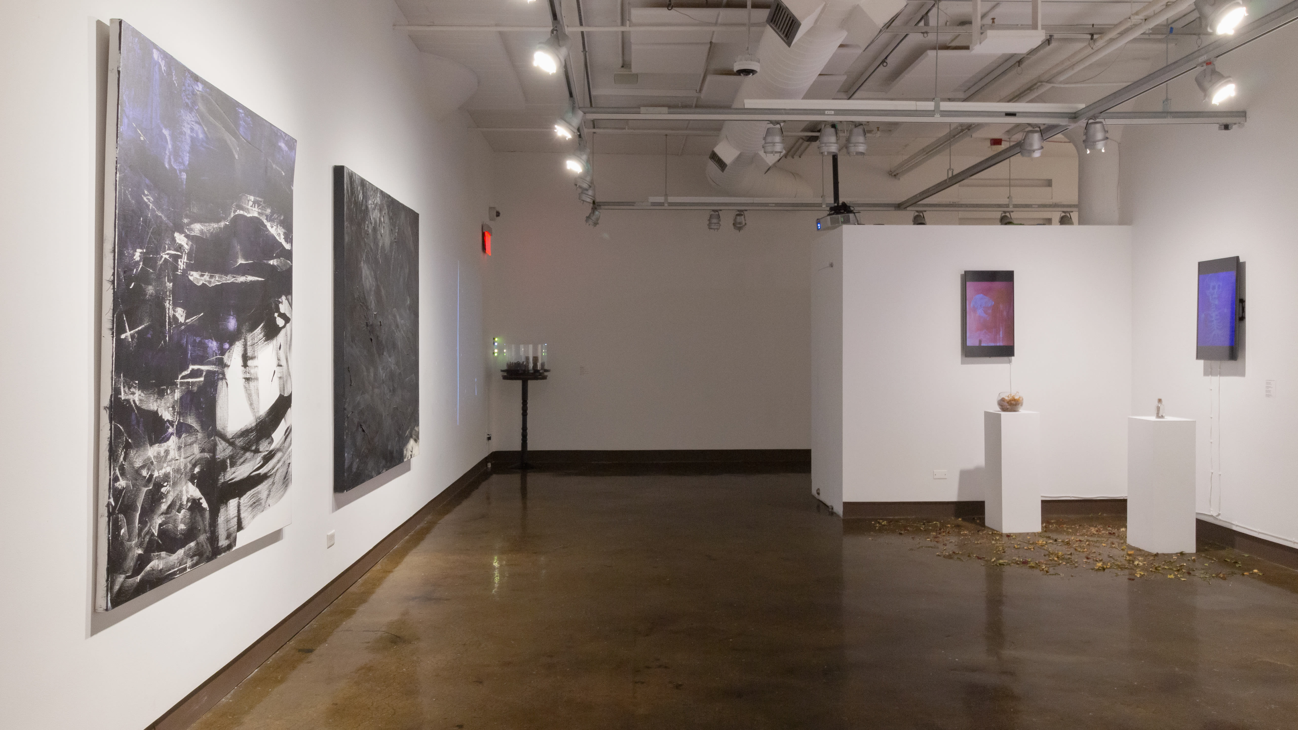 Multiple views of SVA Chelsea Gallery with sculpture, painting, installation and video.