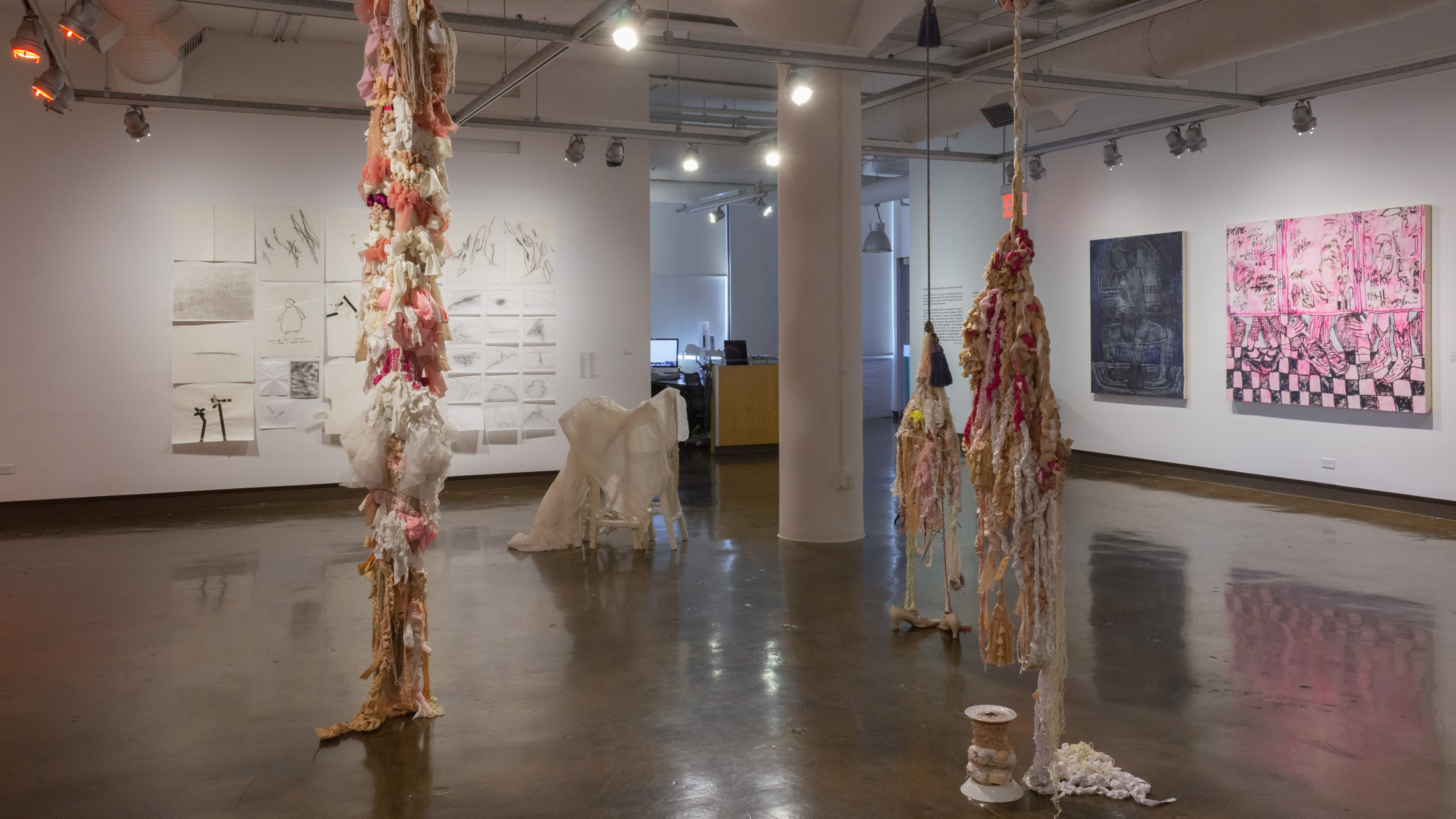 Multiple views of SVA Chelsea Gallery with sculpture, painting, installation and video.