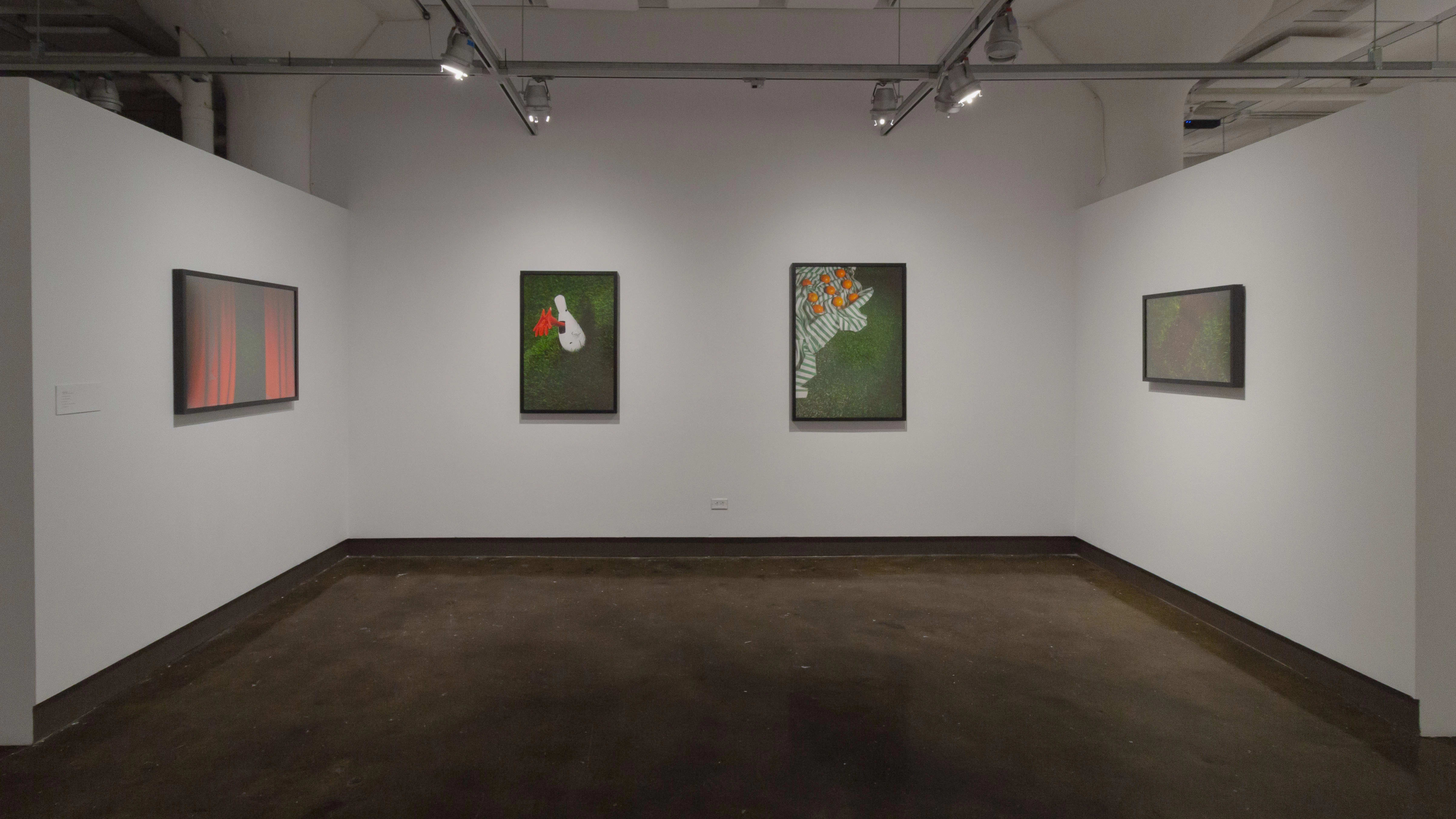 Multiple views of SVA Chelsea Gallery with framed and unframed photographs, video, and installation with projectors. 